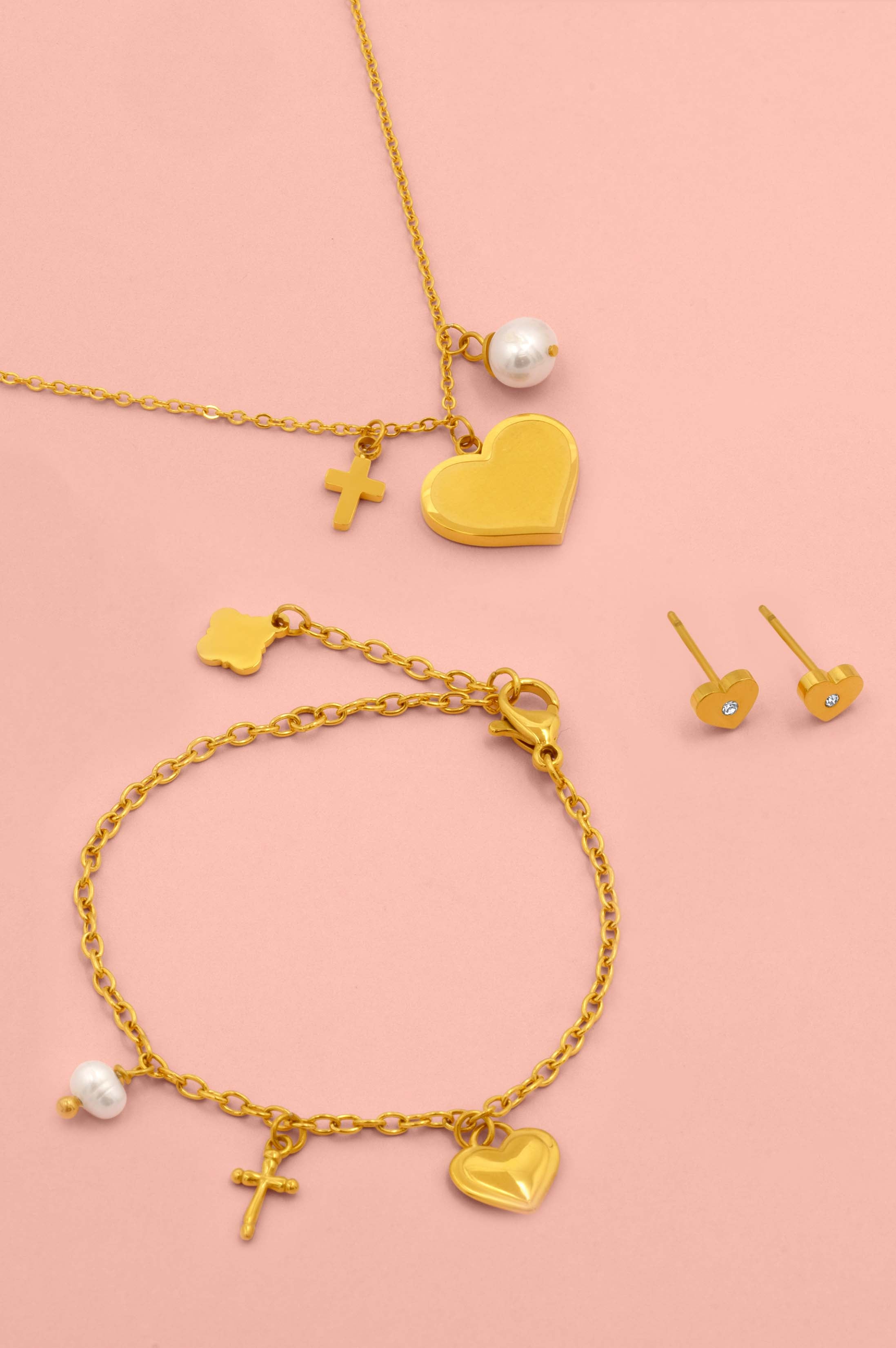 Engravable Gold Heart Charm Bracelet, Necklace &amp; Stud Earrings Gift Set
