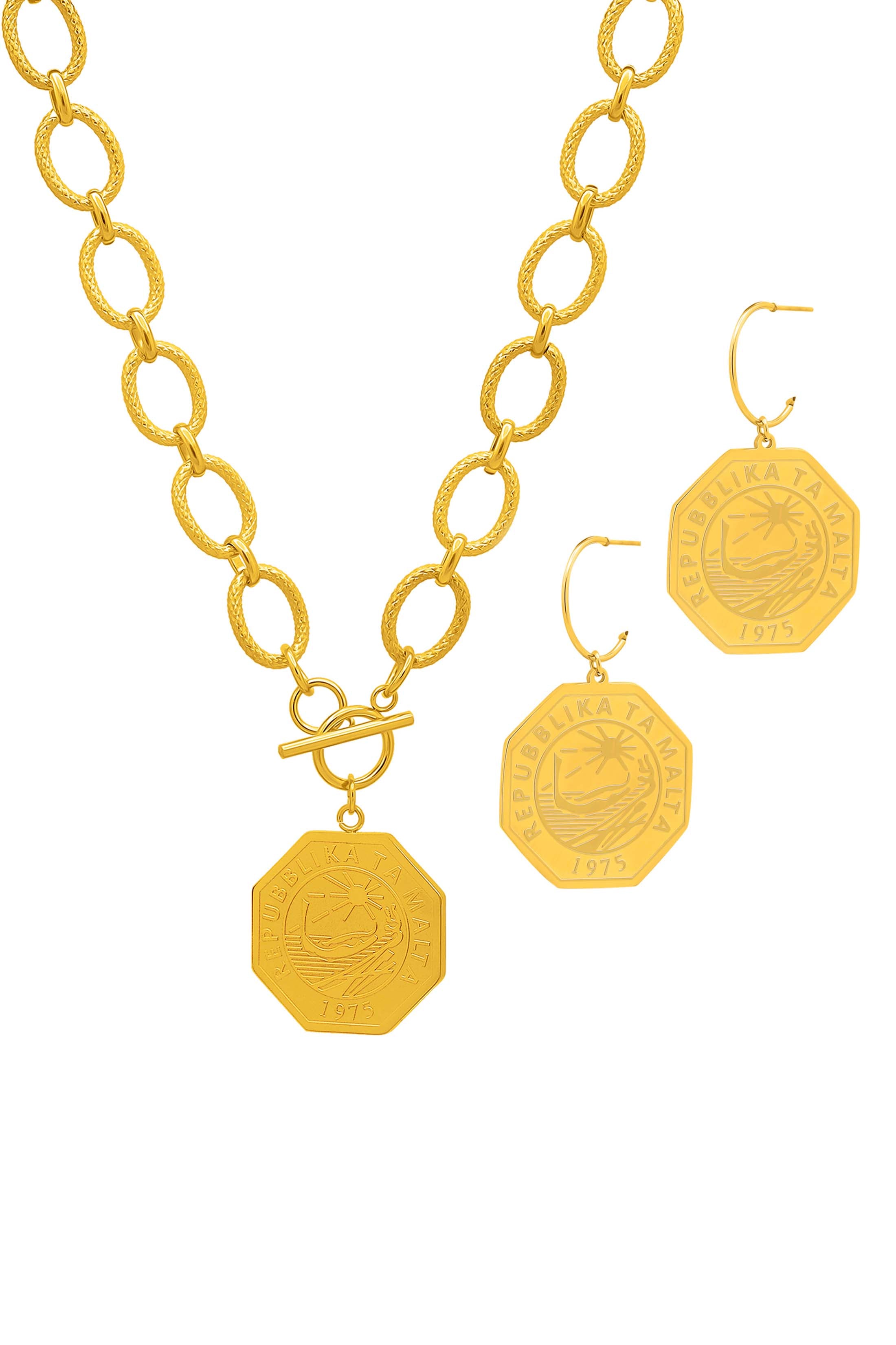 Octagon 25 Cent Luzzu Coin Pendant Chain Necklace &amp; Earring Set