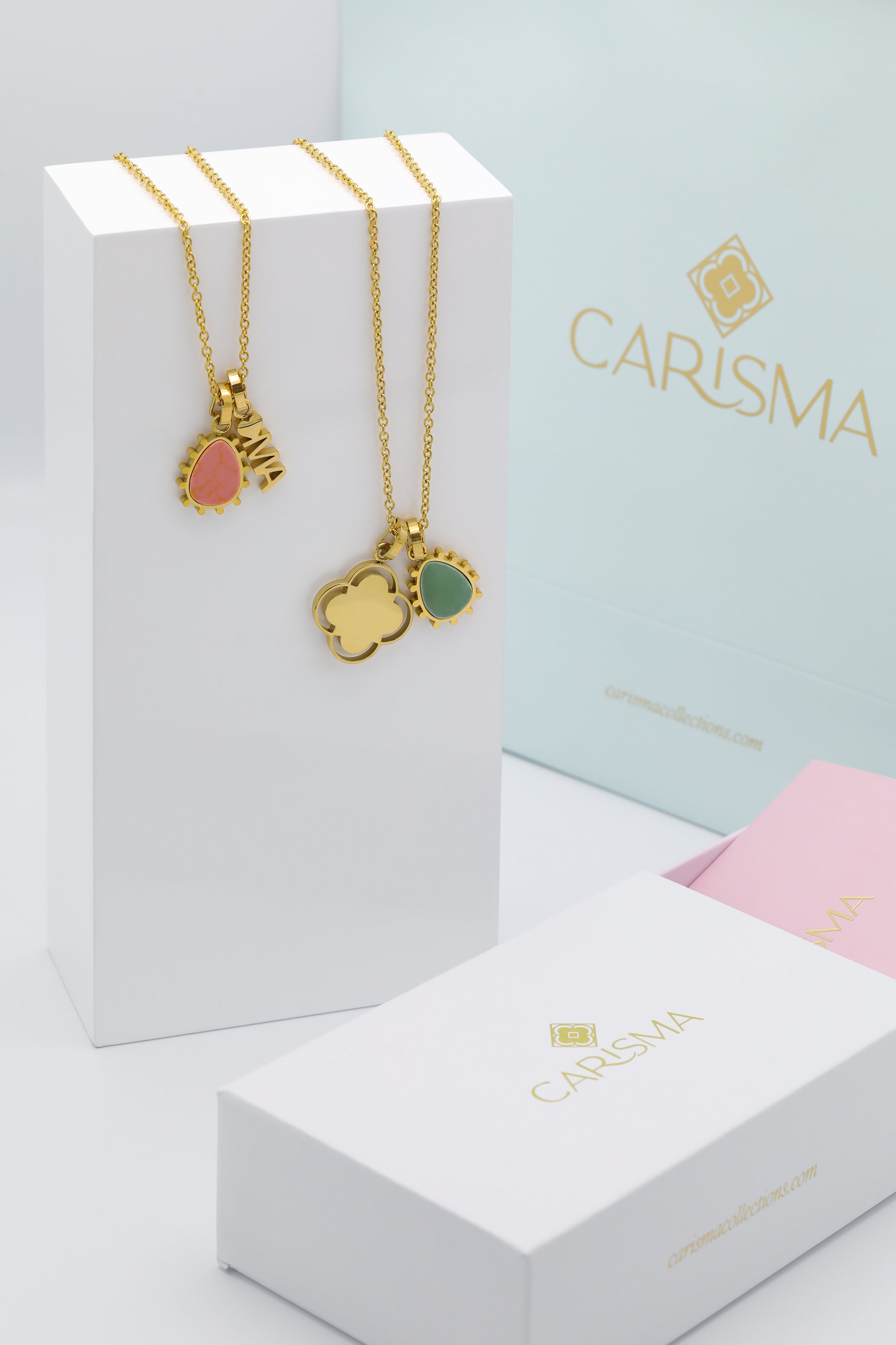 Prickly Pear Orange &amp; Green Stone Pendants, Carisma Logo Engravable Pendant and Qalbi &quot;Ma&quot; Necklace Gift Set