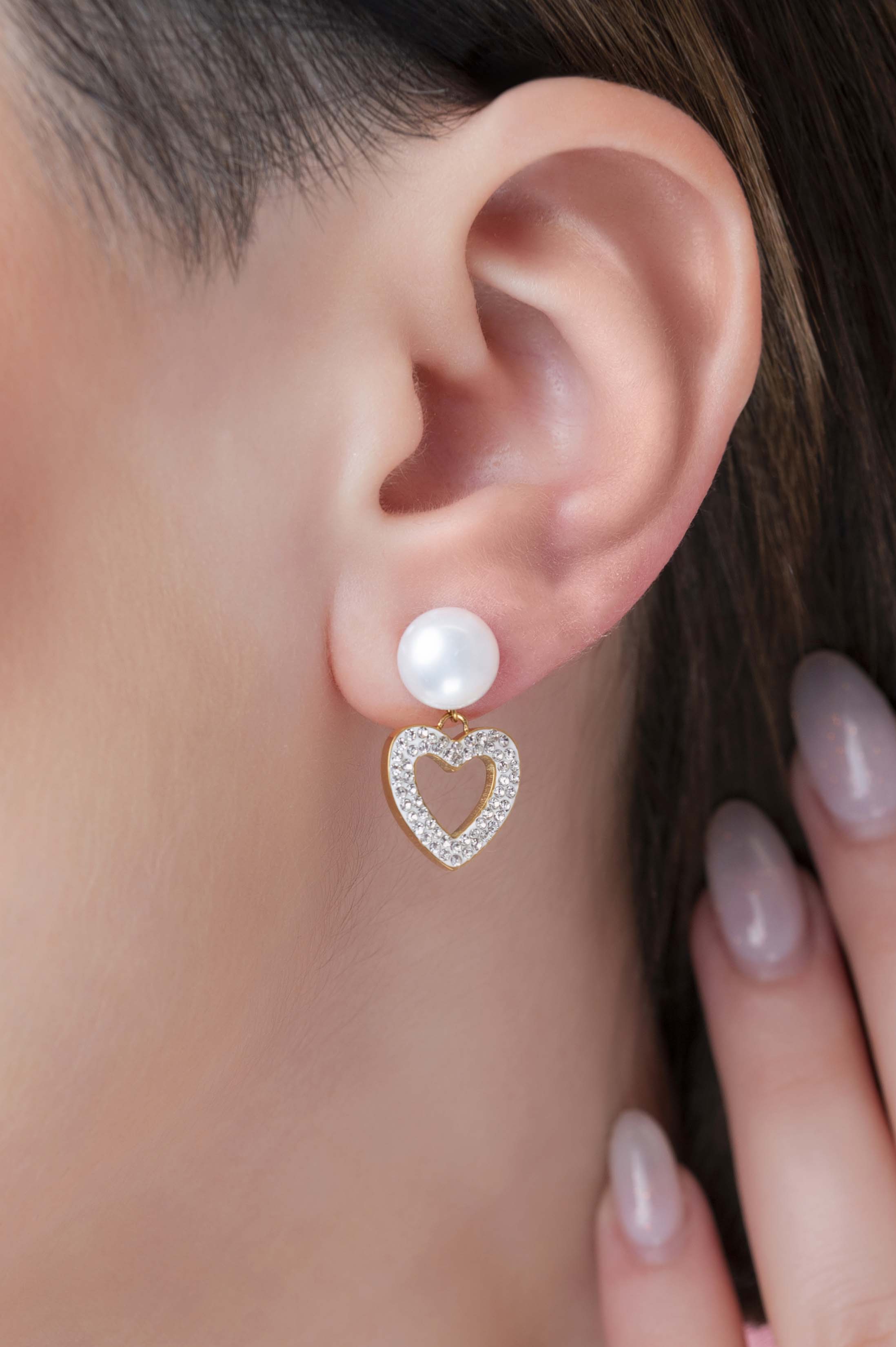 Freshwater Pearl Heart Pavé Drop Stud Earring Set