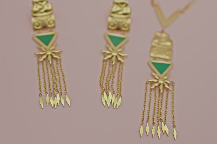 Green Enamel Neolithic Tassle Drop Earrings