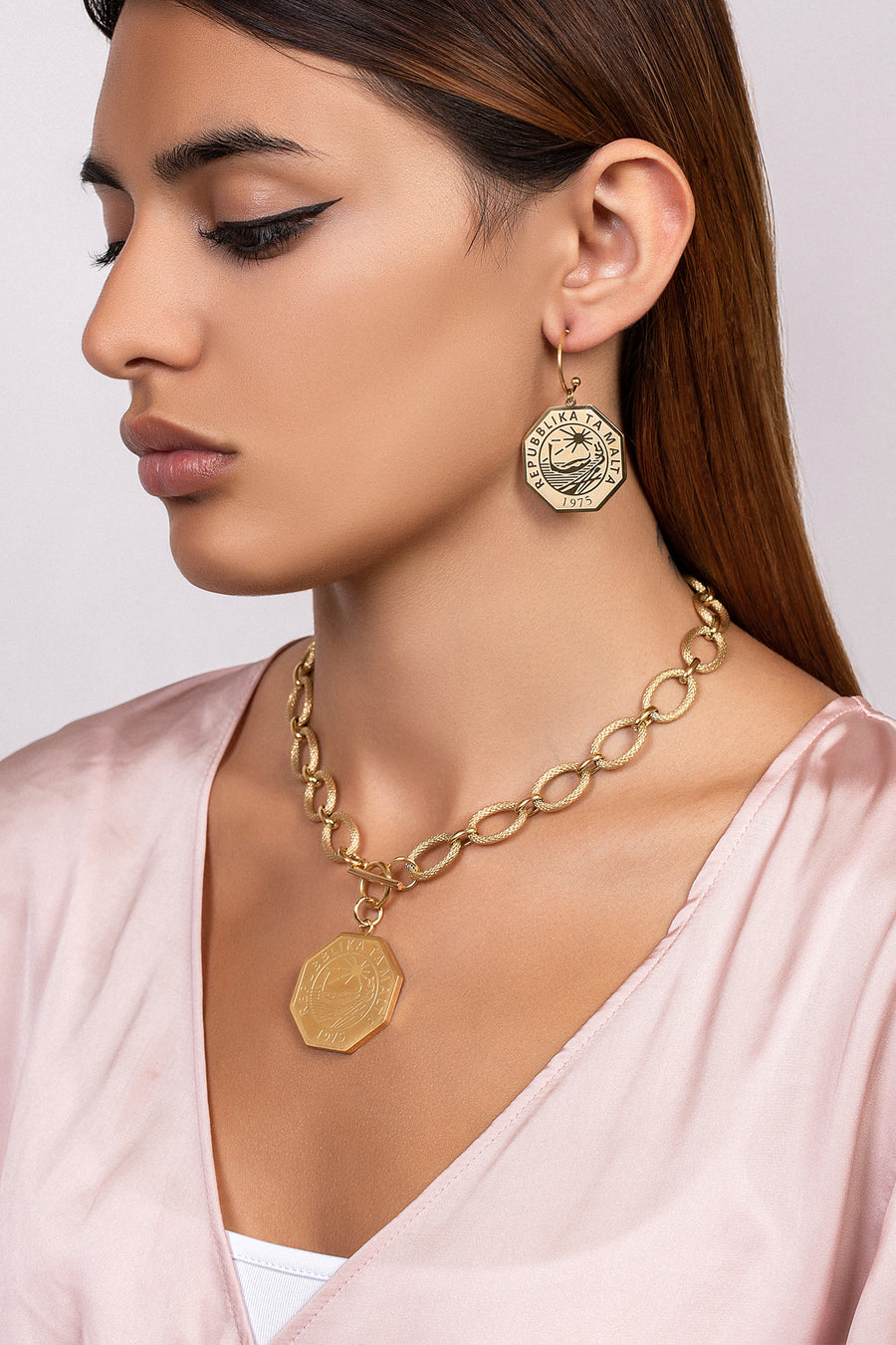 Octagon 25 Cent Luzzu Coin Pendant Chain Necklace & Earring Set