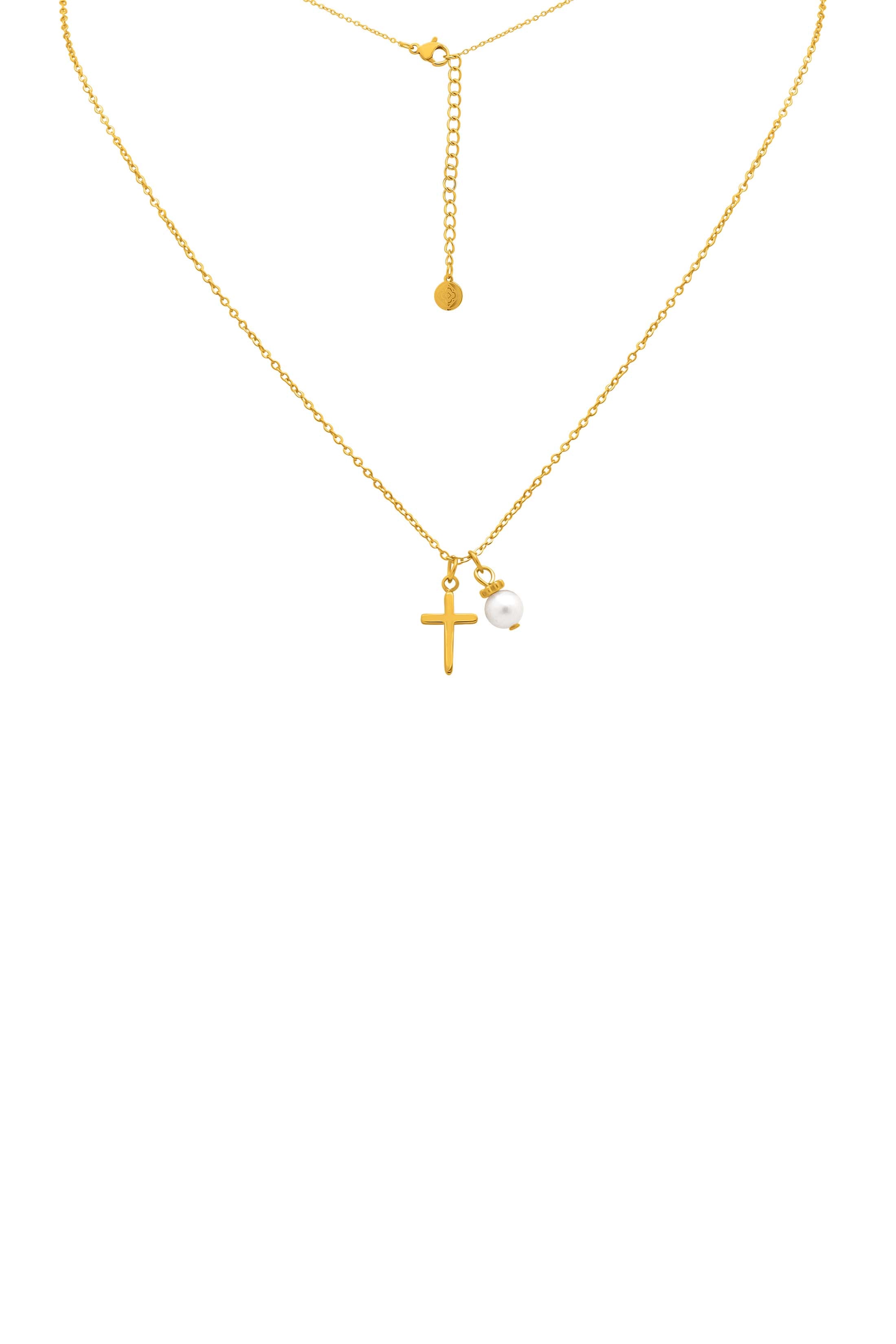 Cross &amp; Pearl Gold Necklace
