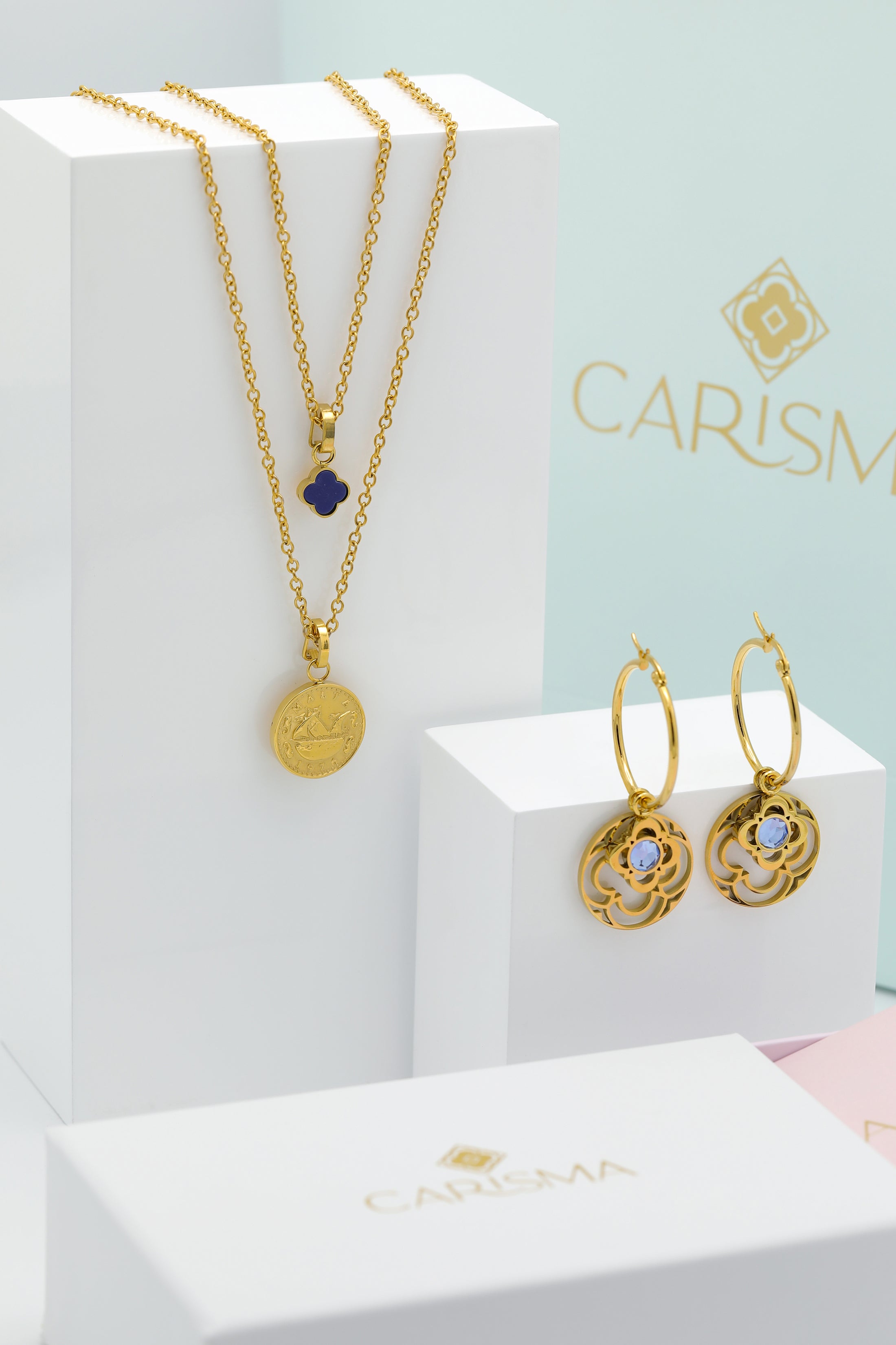 Xini Coin Embossed Pendant &amp; Birthstone Necklace &amp; Earring Gift Set