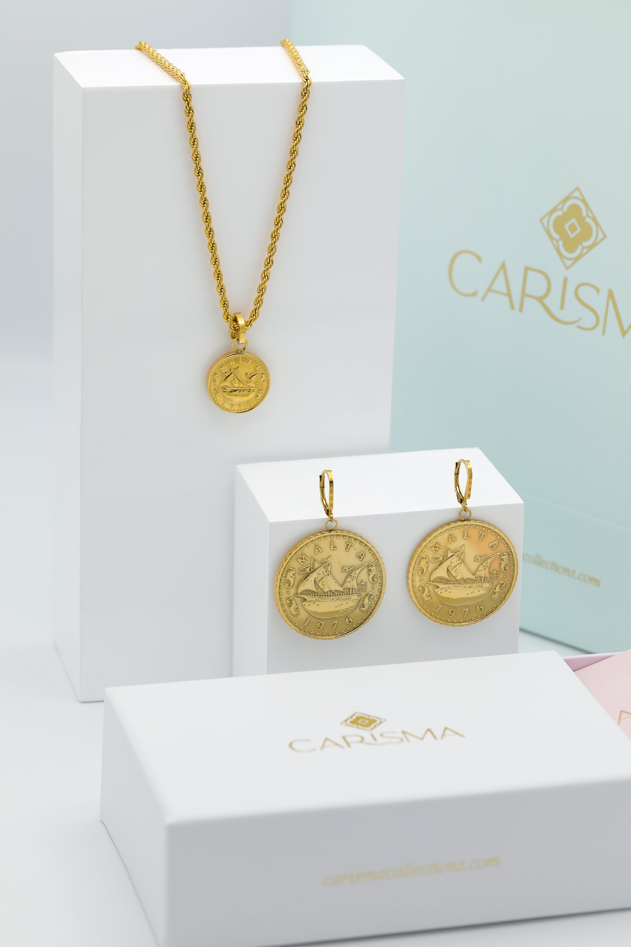 Xini Coin Embossed Pendant &amp;  Statement Earrings Gift Set