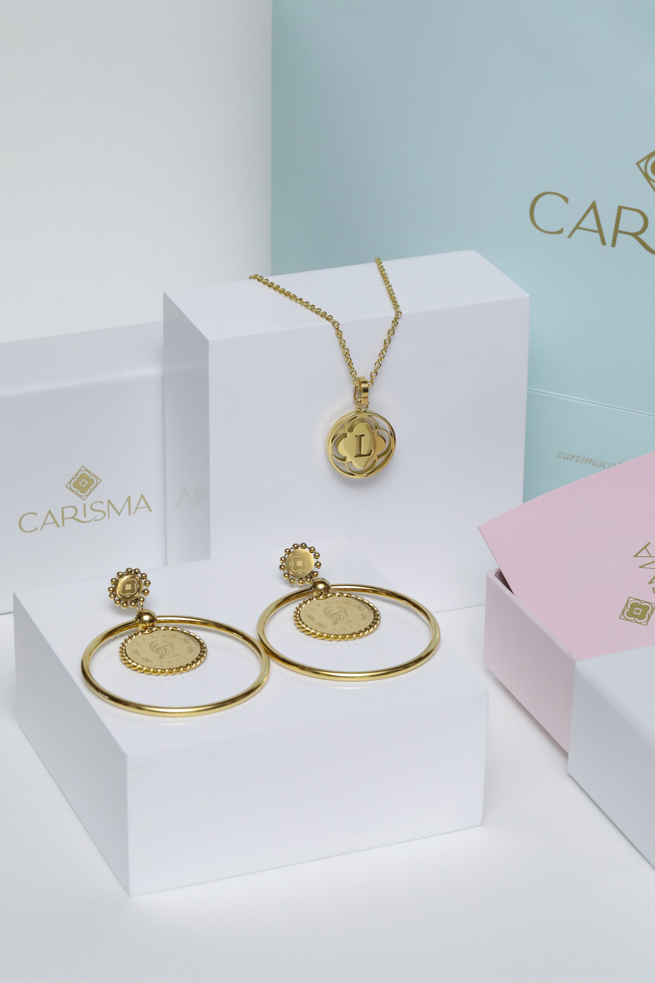 Double Hoop, 2 Cent Penthesilea, Queen of the Amazons Earring Set &amp; Carisma Logo Letter Pendant Gift Set