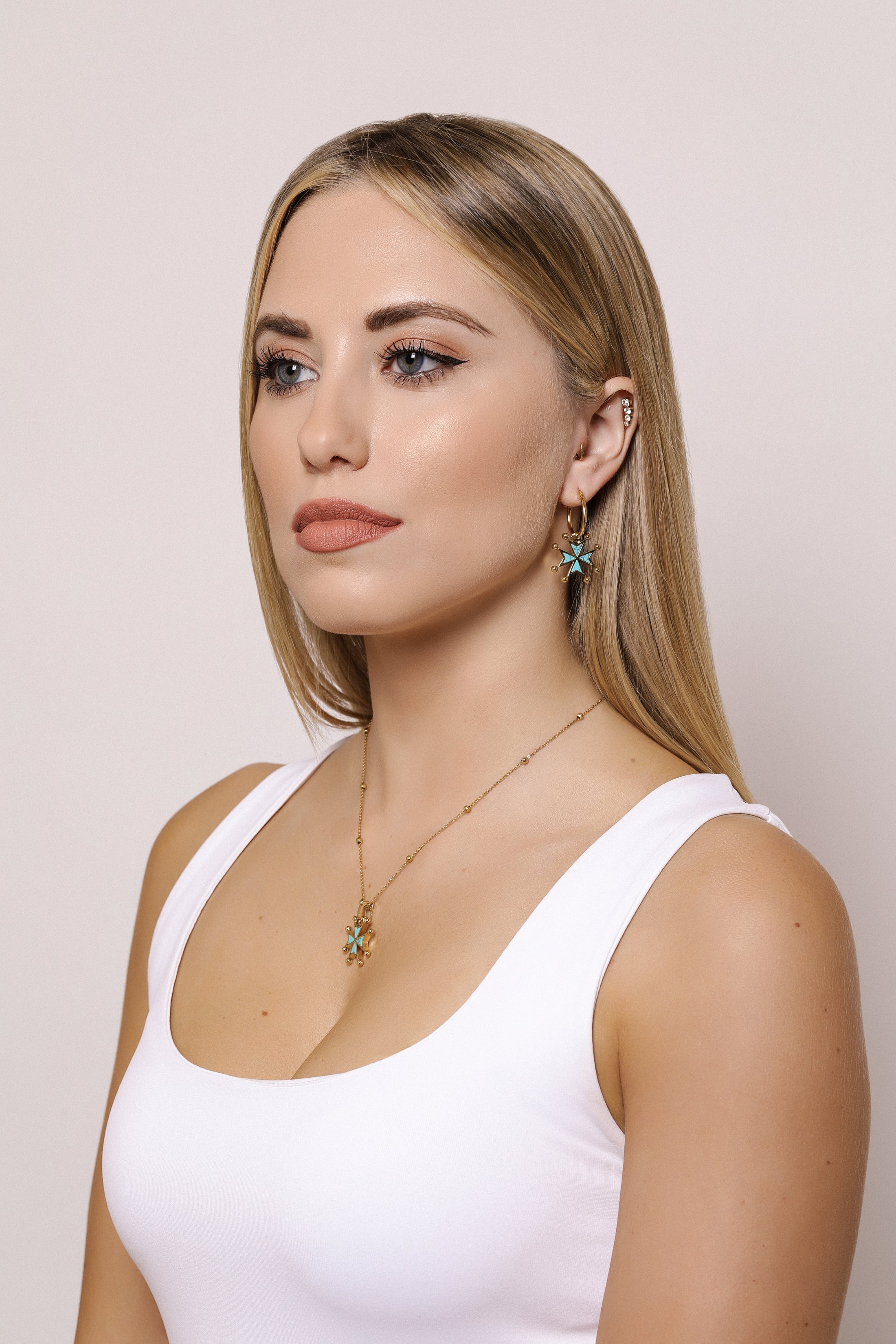 Turquoise Stone Maltese Cross Pendant Earring Gift Set