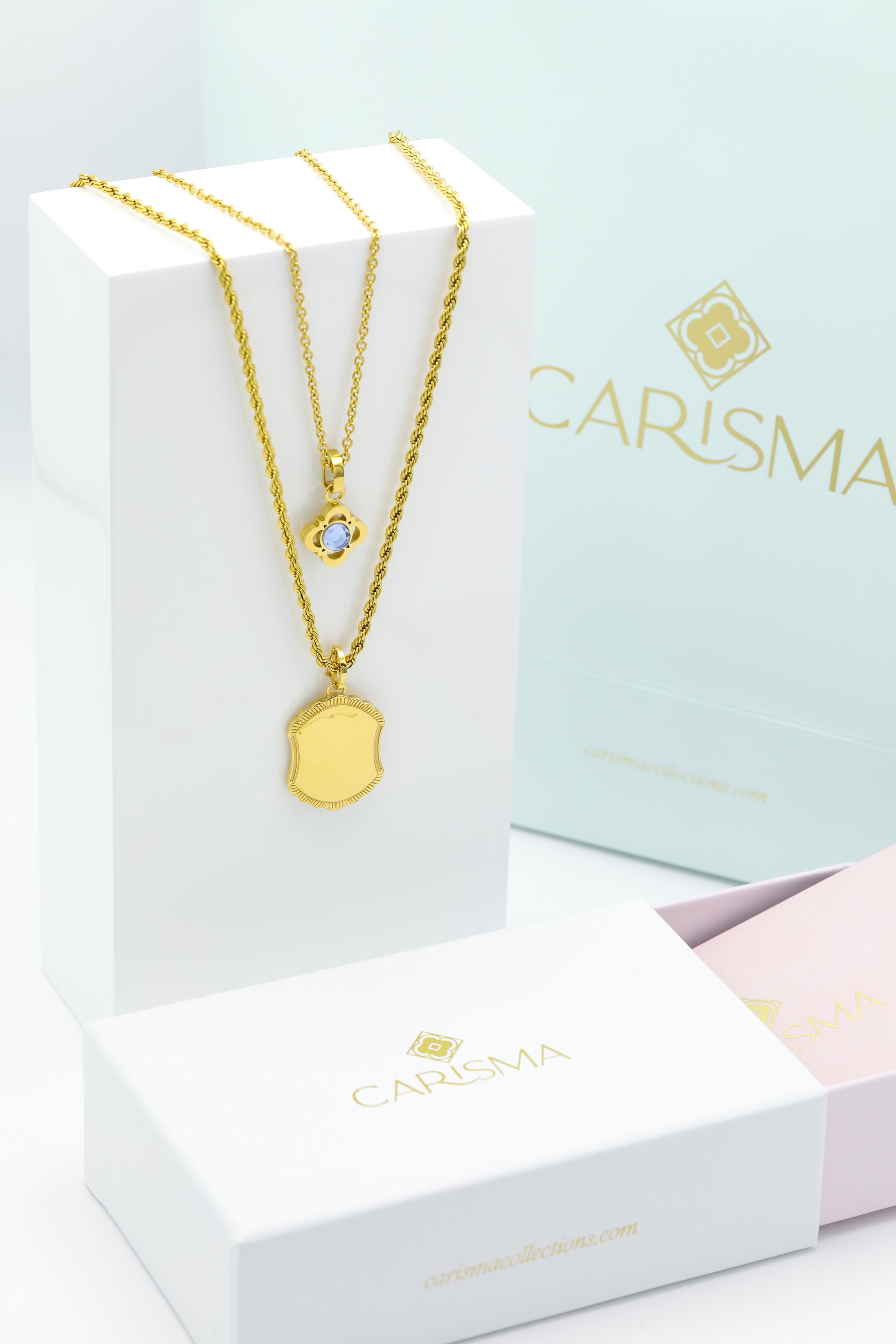 Gozo Lace Engravable Pendant &amp; Carisma Logo Birthstone Pendant Gift Set