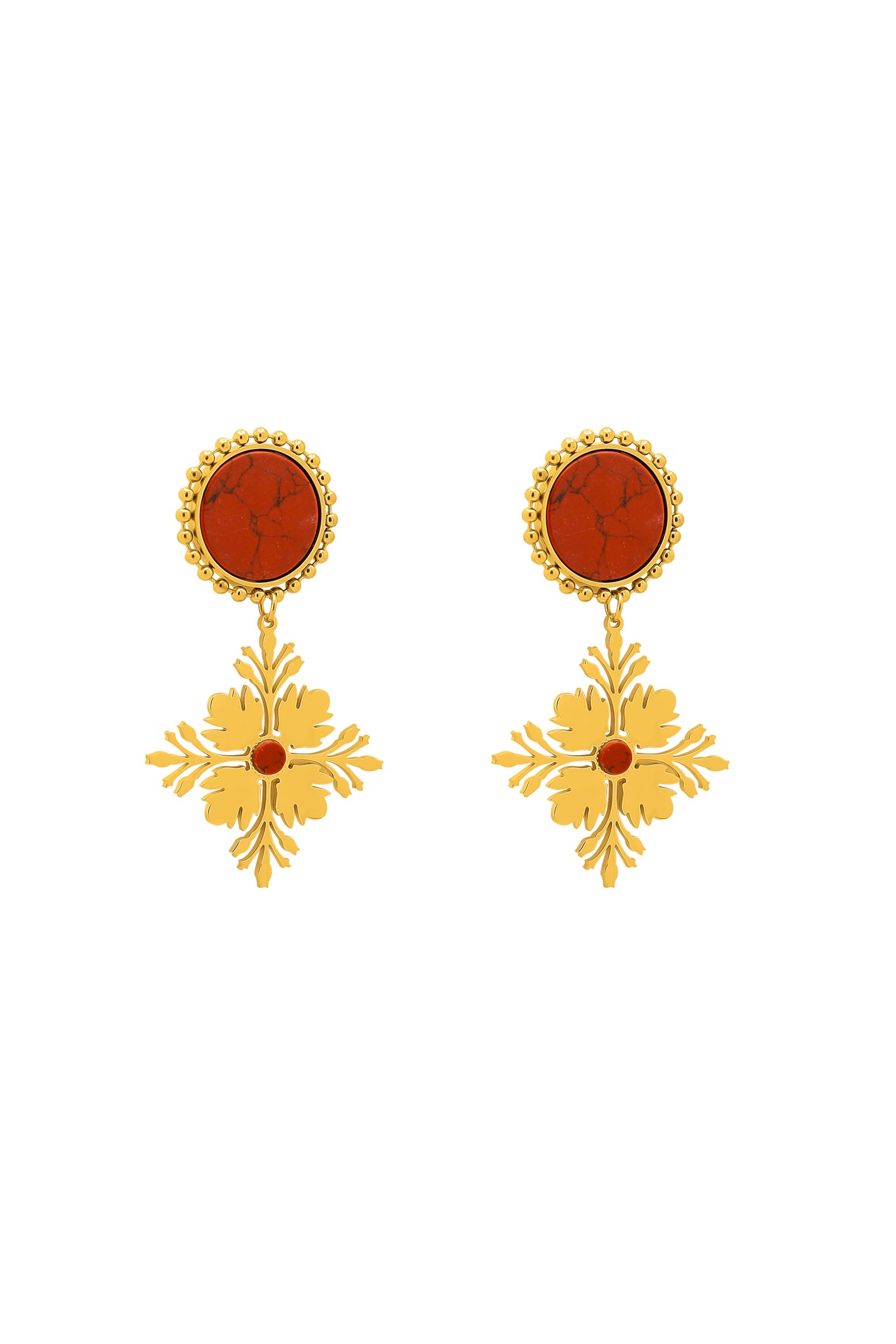 Maltese Tile Pattern Stud Earrings with Flame Stone