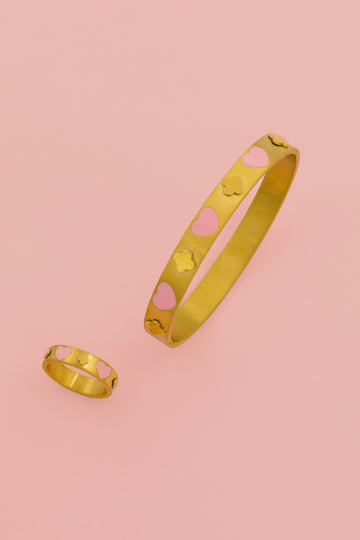 Pink Heart Enamel Ring & Bangle Gift Set