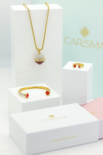 Red Crystal Sphere Pendant, Bangle & Ring Gift Set