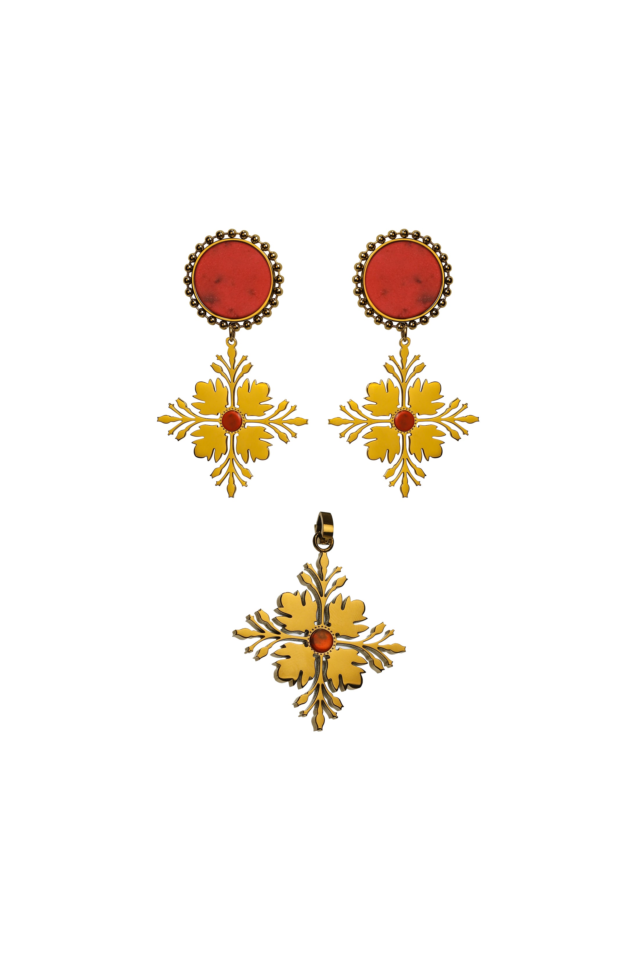 Maltese Tile Pattern Flame Stone Pendant &amp; Earring Set