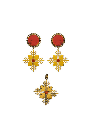 Maltese Tile Pattern Flame Stone Pendant & Earring Set