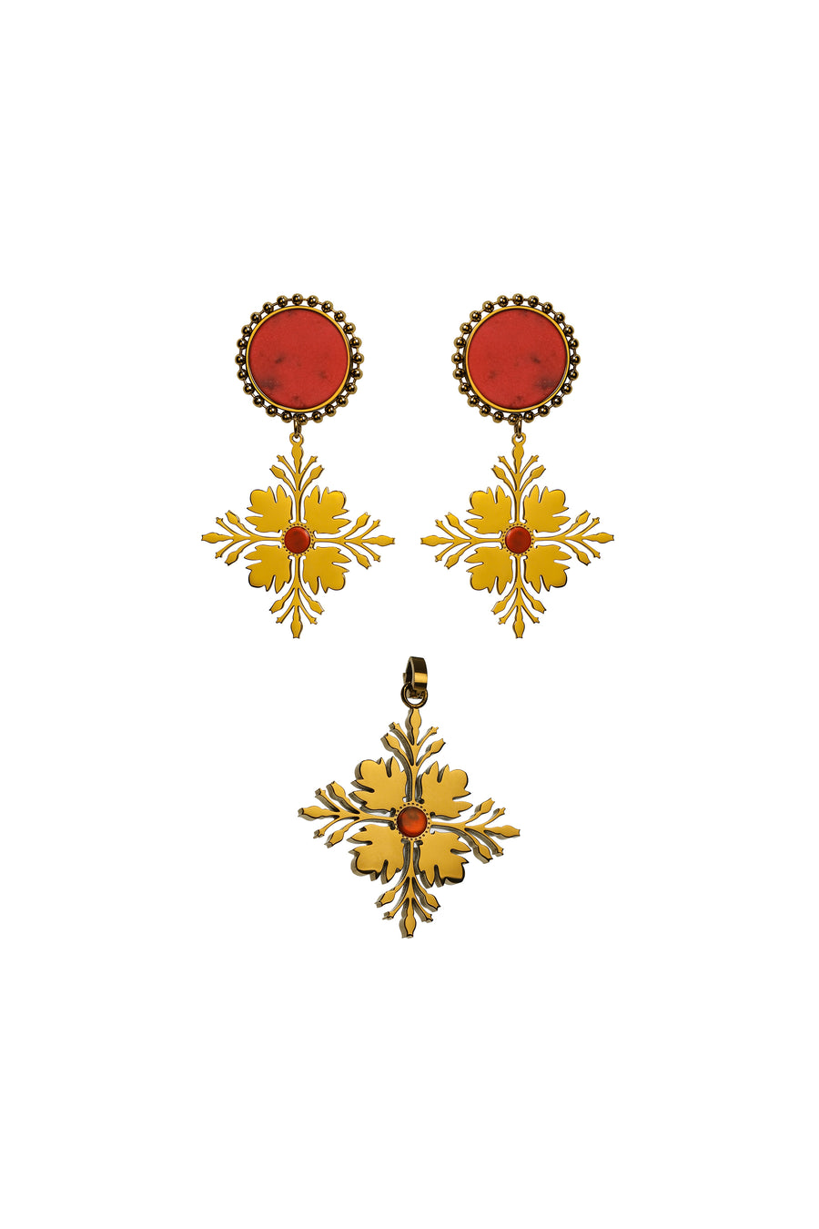 Maltese Tile Pattern Flame Stone Pendant & Earring Gift Set