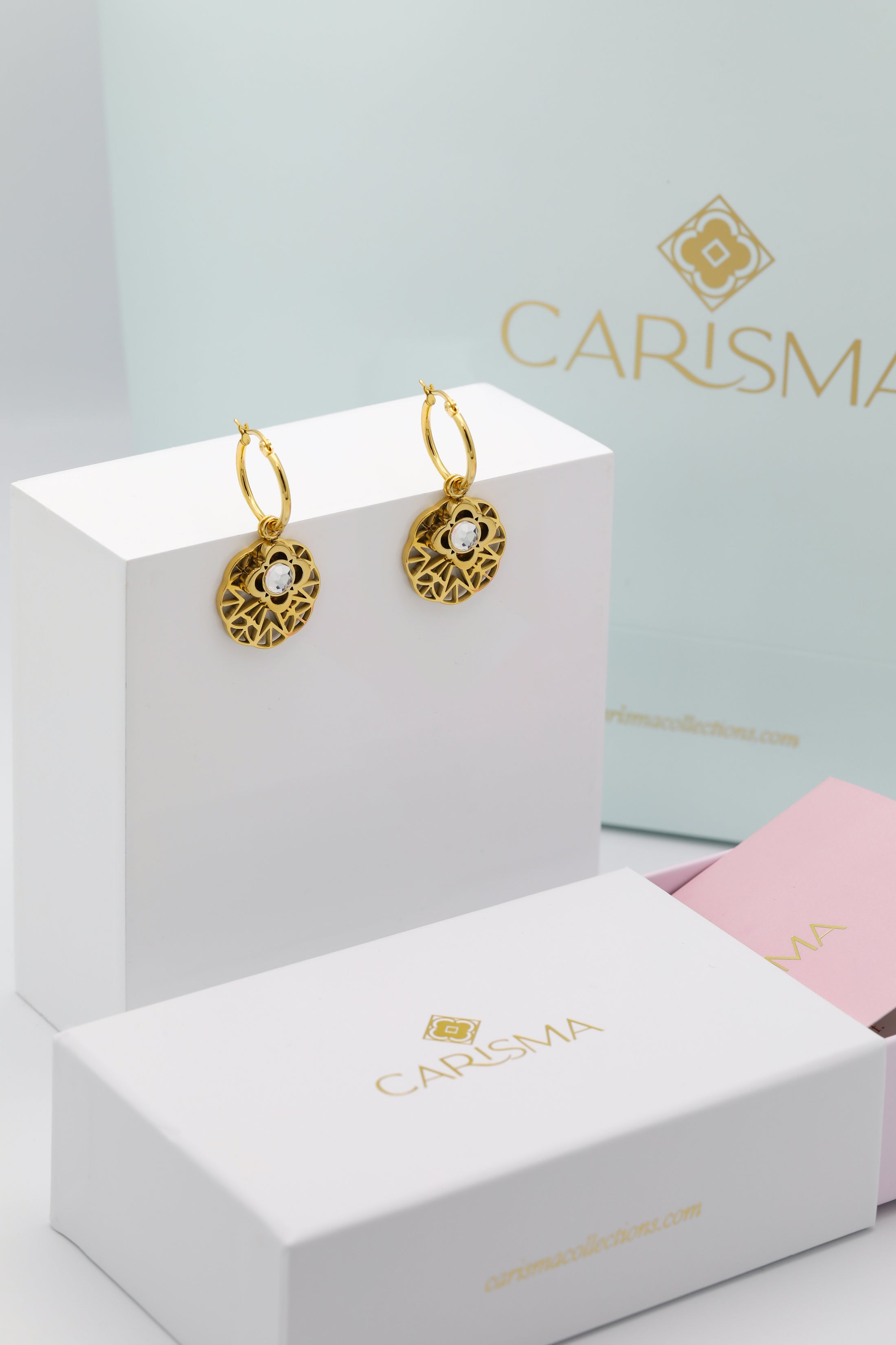 Small Hollow Maltese Lace Cross &amp; Carisma Logo Birthstone Earring Gift Set
