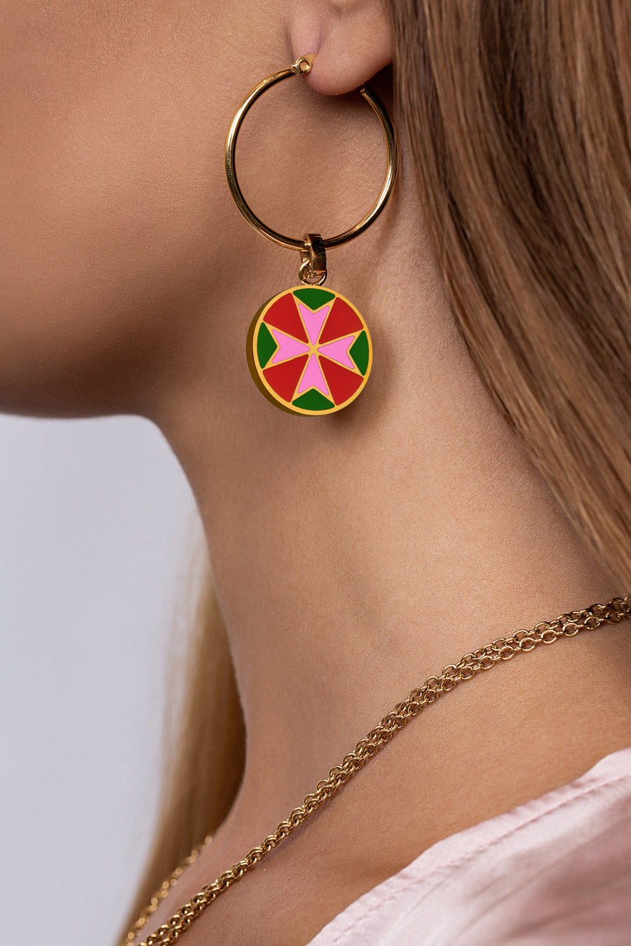 Fuchsia & Green Maltese Cross Pendant Earring Set