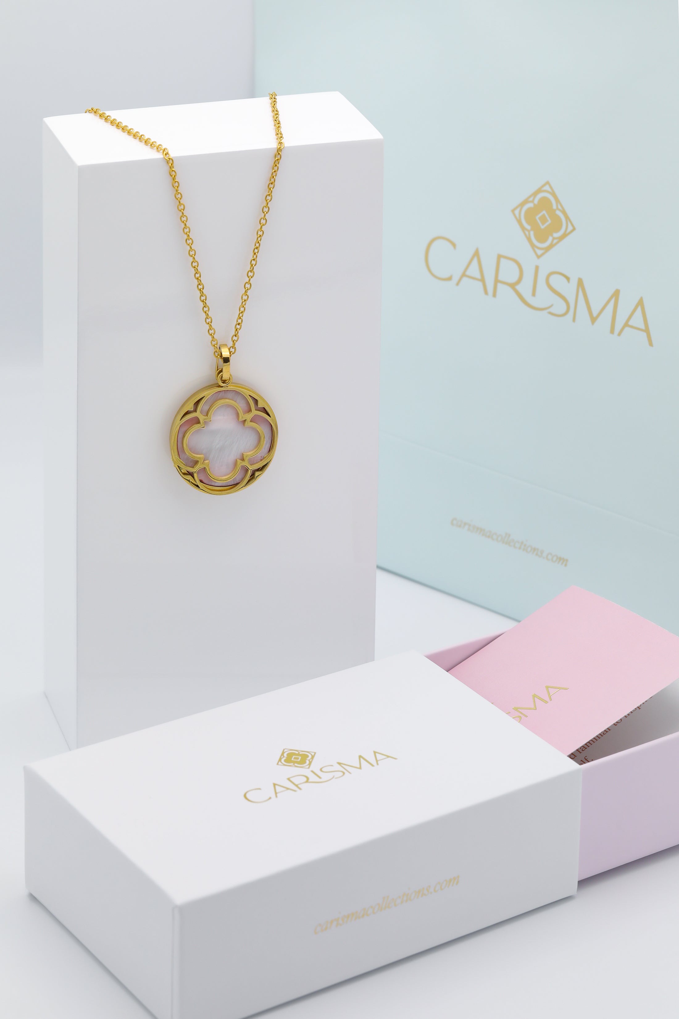 Large Carisma Logo Hollow &amp; Pink Mother of Pearl Large Circle Pendant Gift Set