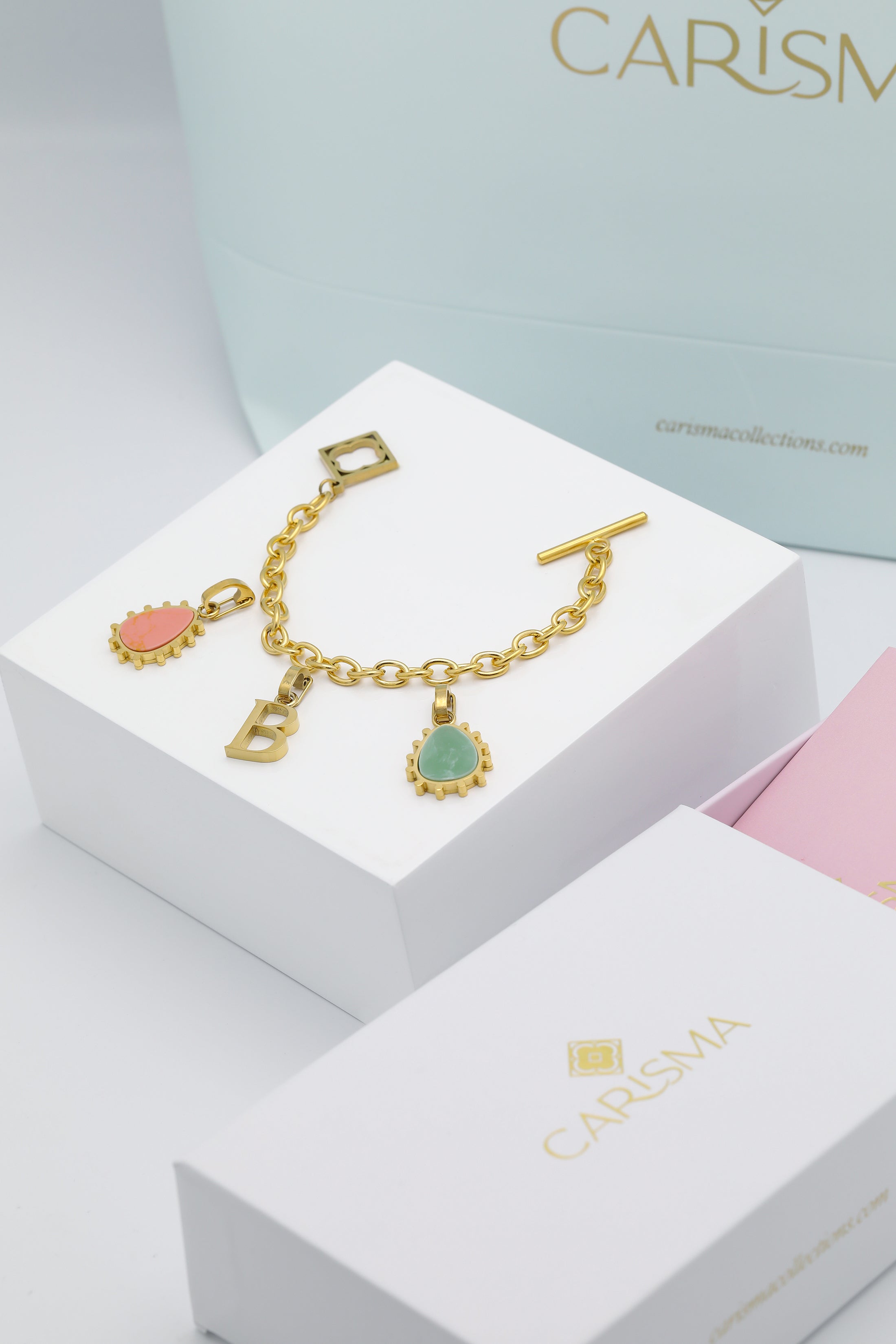 Prickly Pear Orange &amp; Green Stone Pendants &amp; Carisma Letter Pendant Charm Bracelet Gift Set