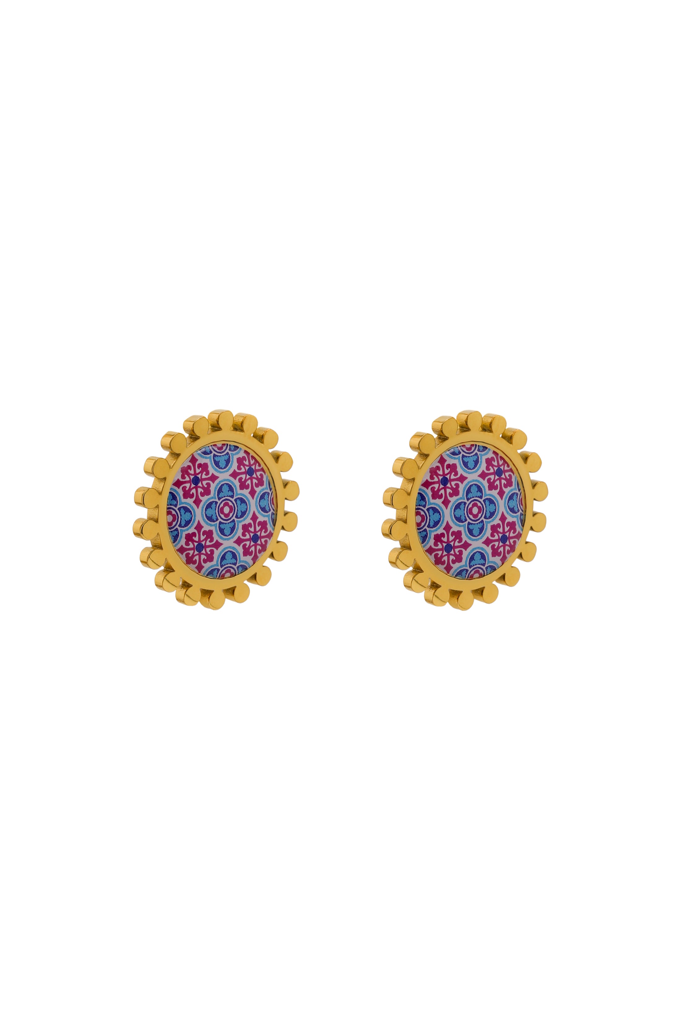 Maltese Tile Print Stud Earring Set - Fuchsia &amp; Blue