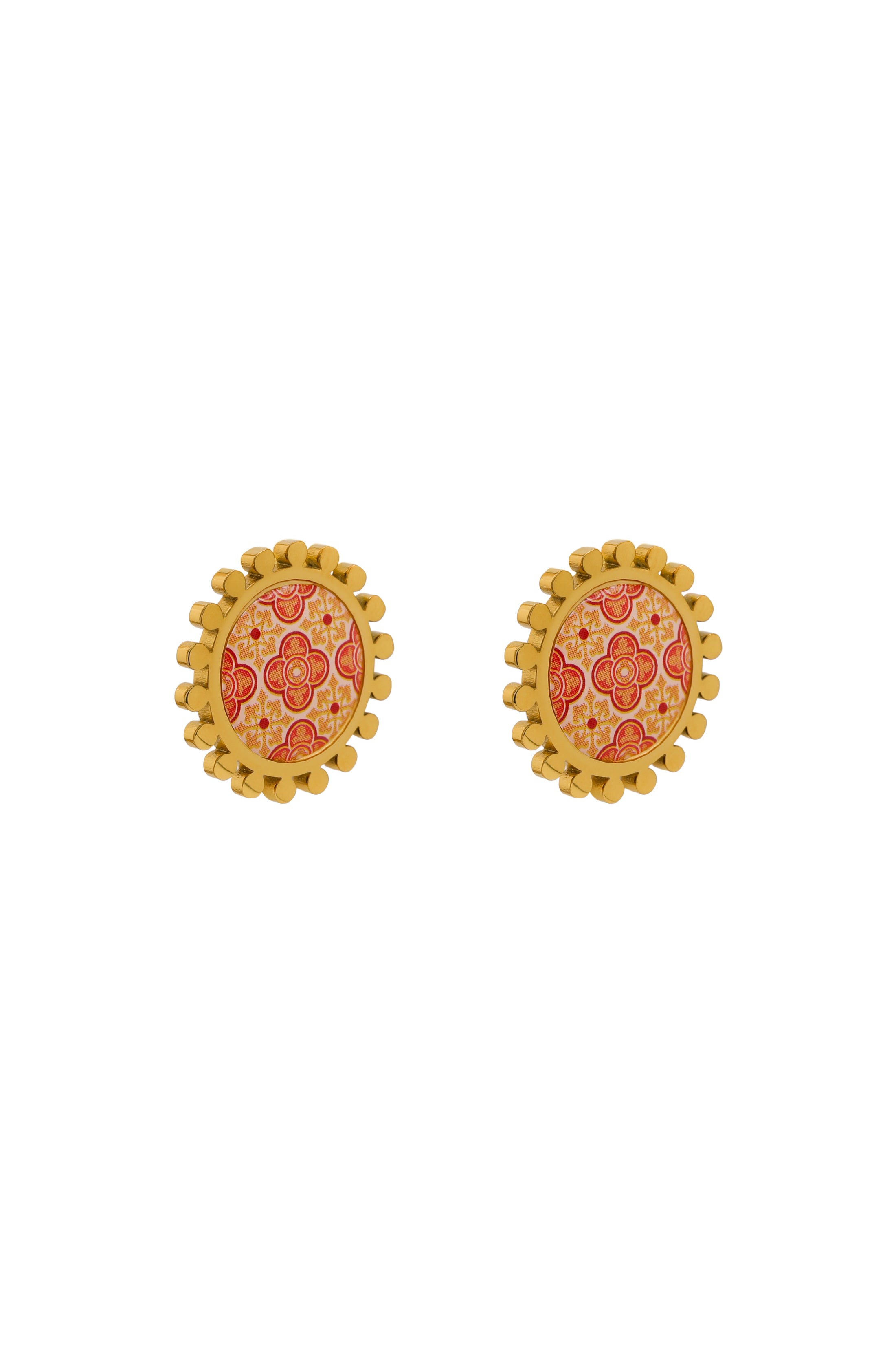 Maltese Tile Print Stud Earring Set - Red &amp; Ochre
