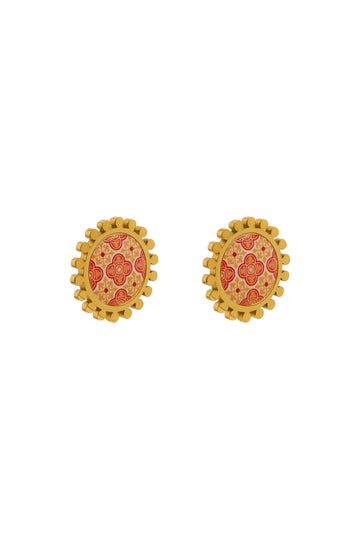Maltese Tile Print Stud Earring Set - Red & Ochre