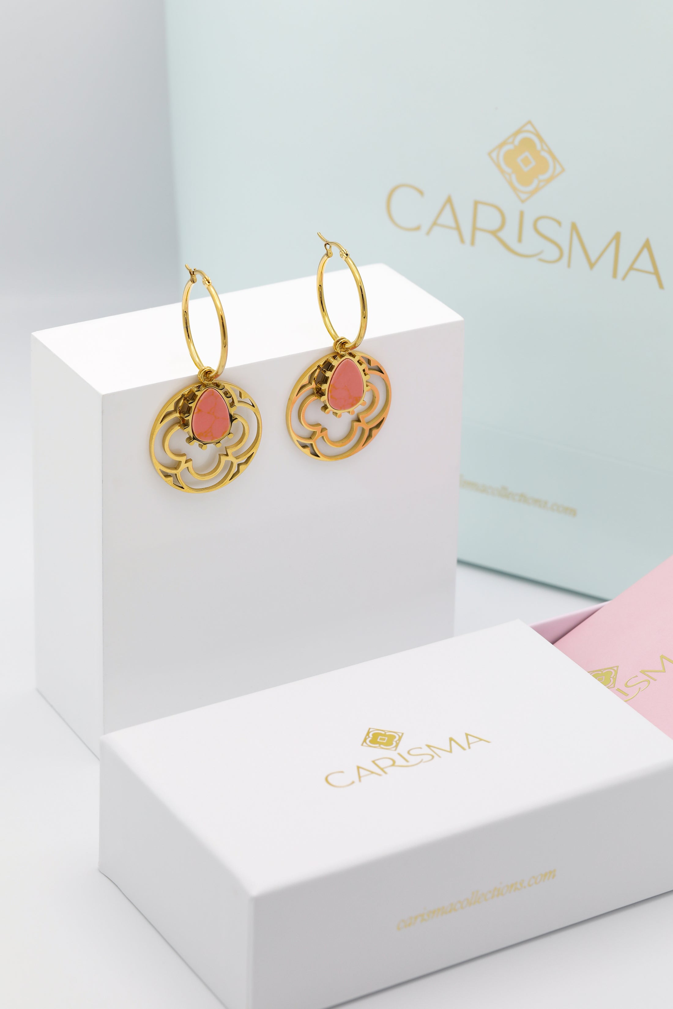 Prickly Pear Orange Stone Pendant &amp; Large Carisma Logo Hollow Pendant Earring Gift Set