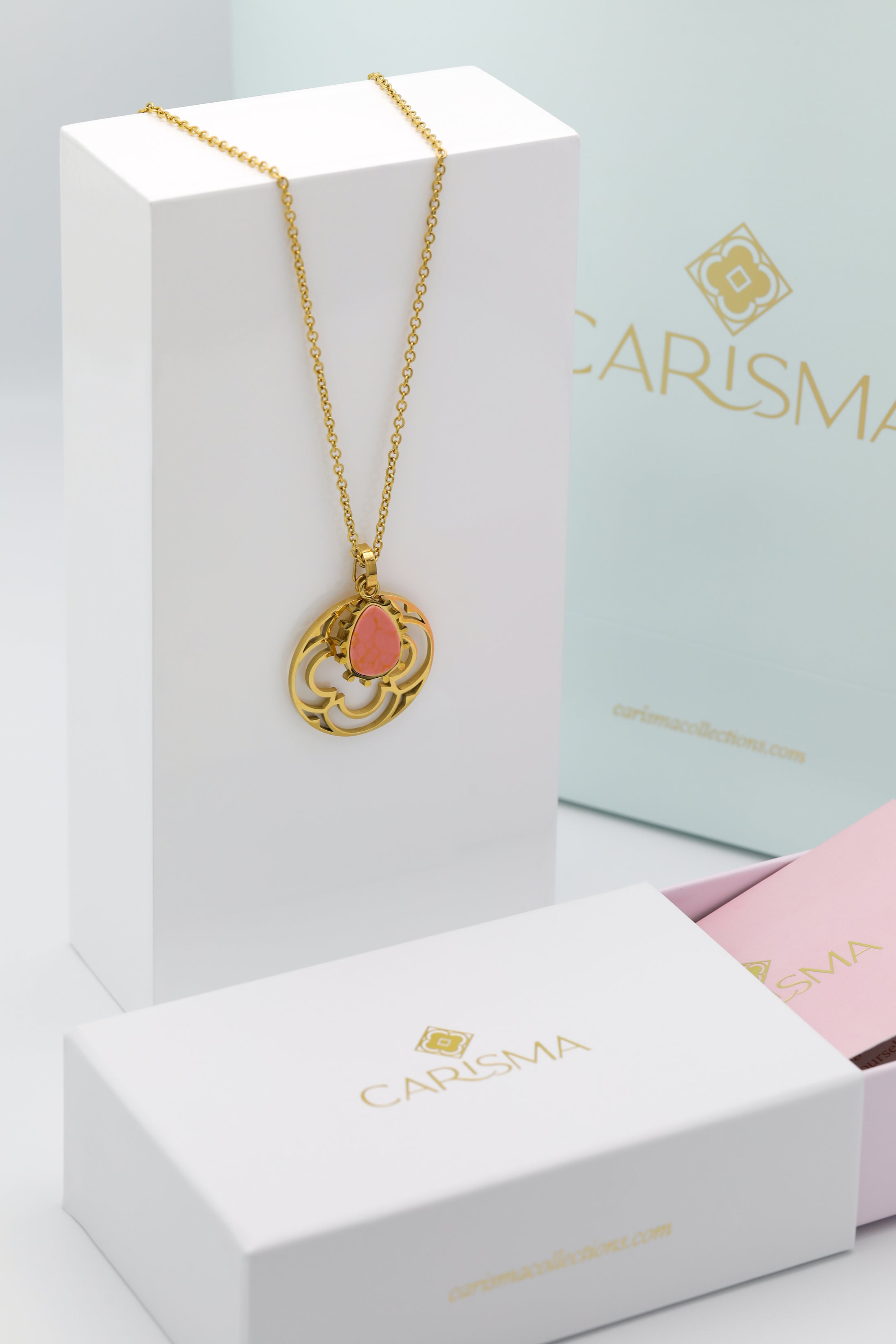 Prickly Pear Orange Stone Pendant &amp; Large Carisma Logo Hollow Pendant Necklace Gift Set