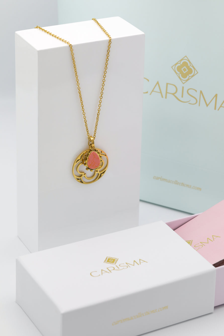 Prickly Pear Orange Stone Pendant & Large Carisma Logo Hollow Pendant Necklace Gift Set