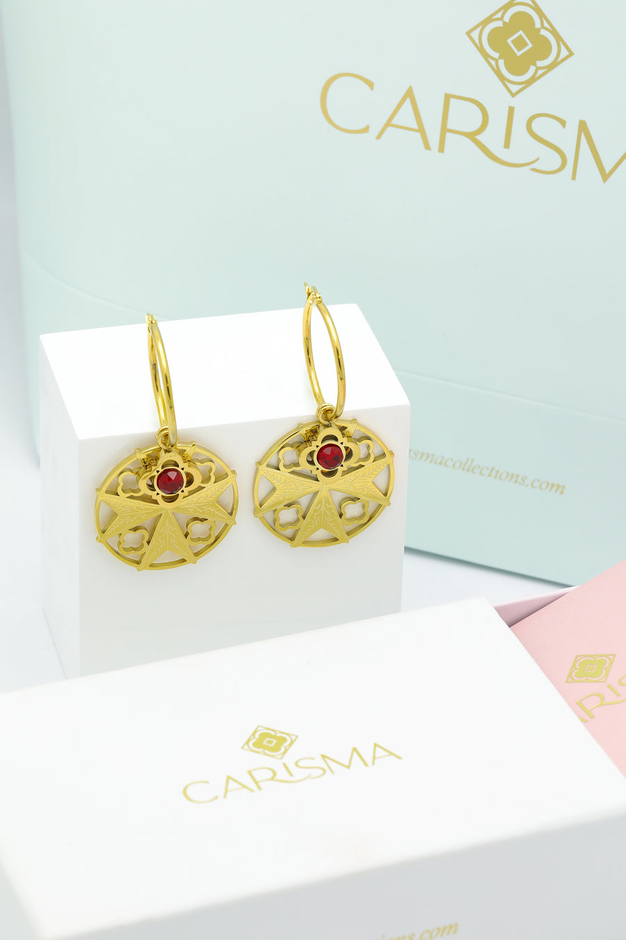 Maltese Cross Hollow Pendant & Carisma Logo Birthstone Pendant Earring Gift Set