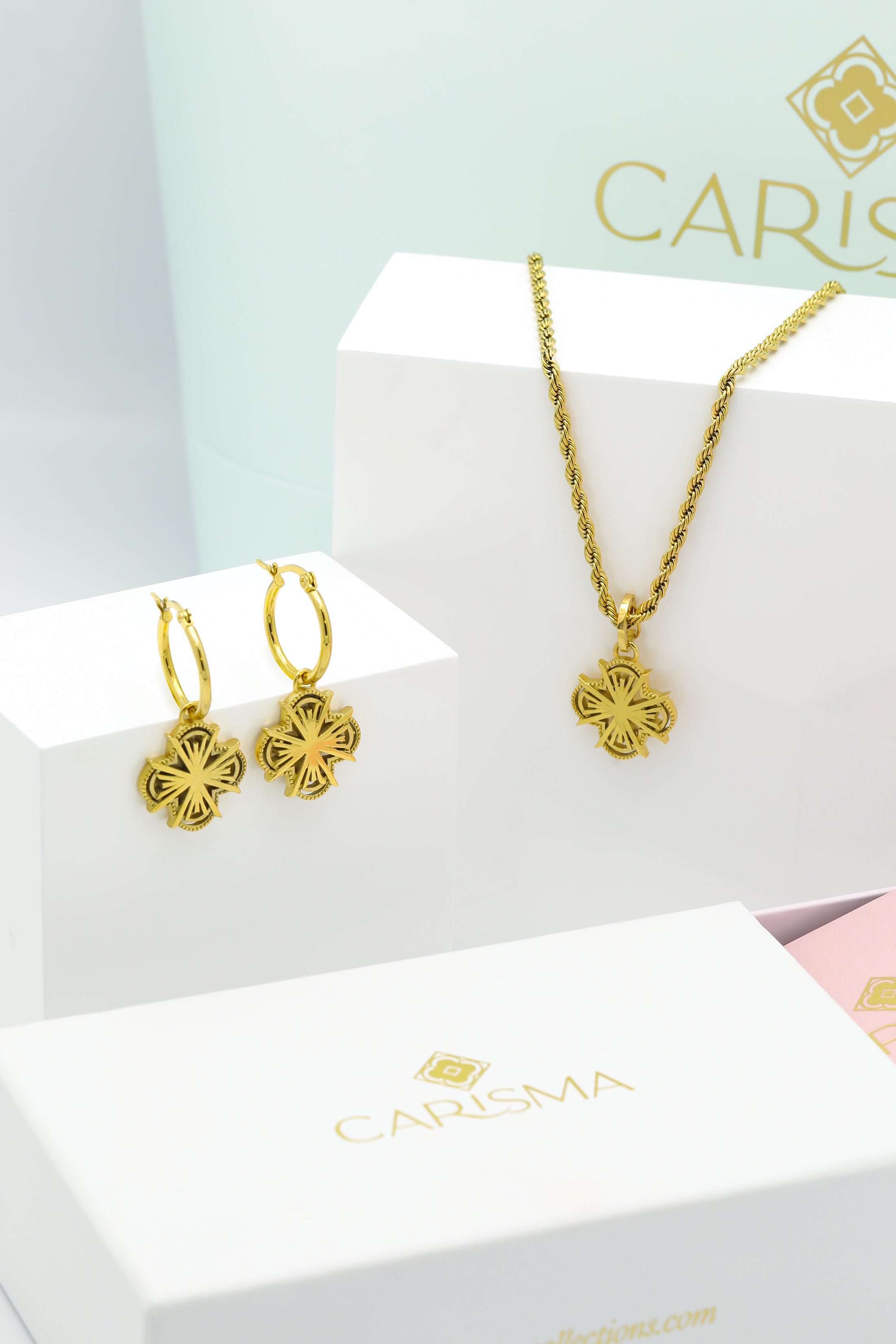 Ornate Maltese Cross Necklace &amp; Earrings Gift Set