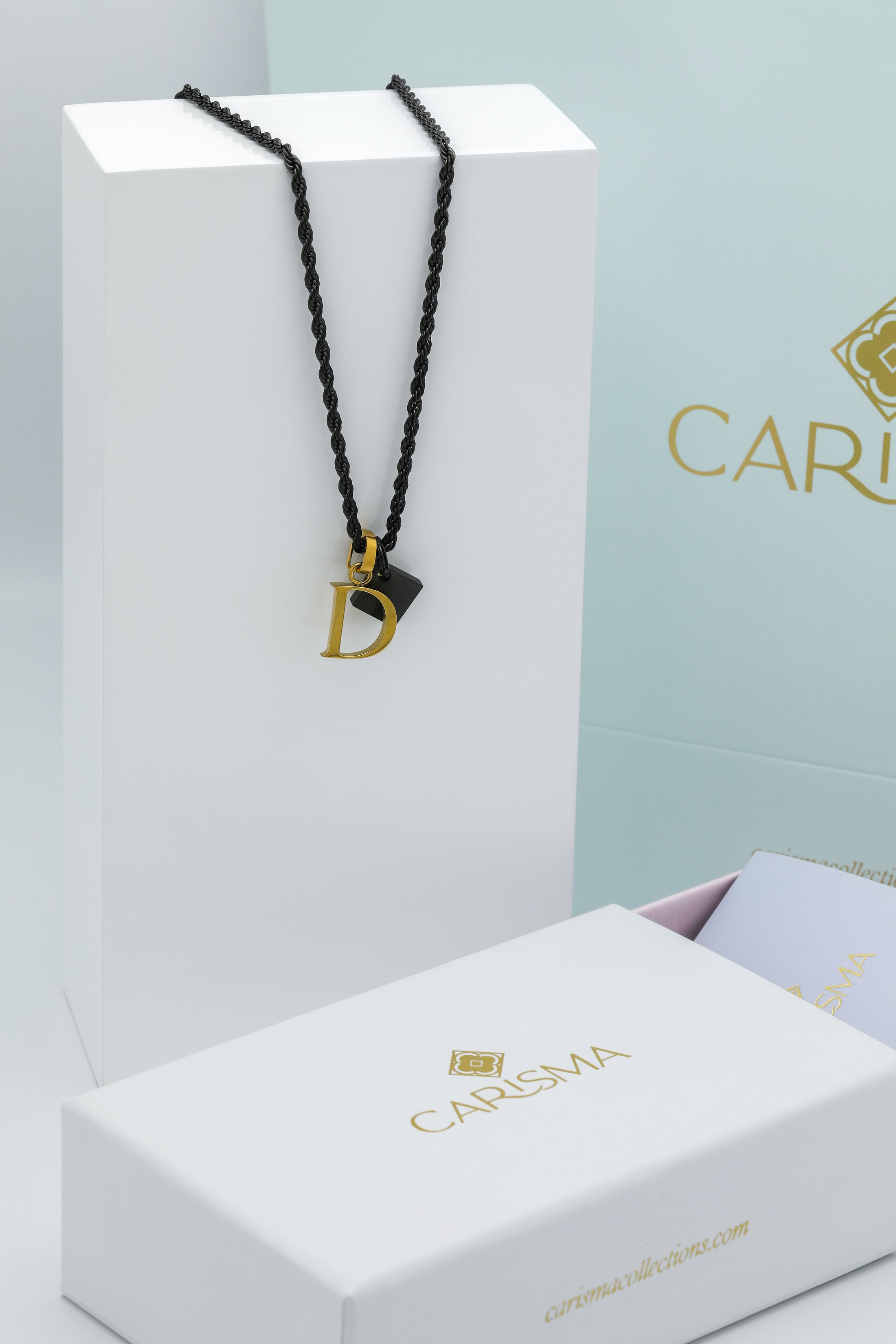 Black Square Pendant &amp; Carisma Letter Gift Set