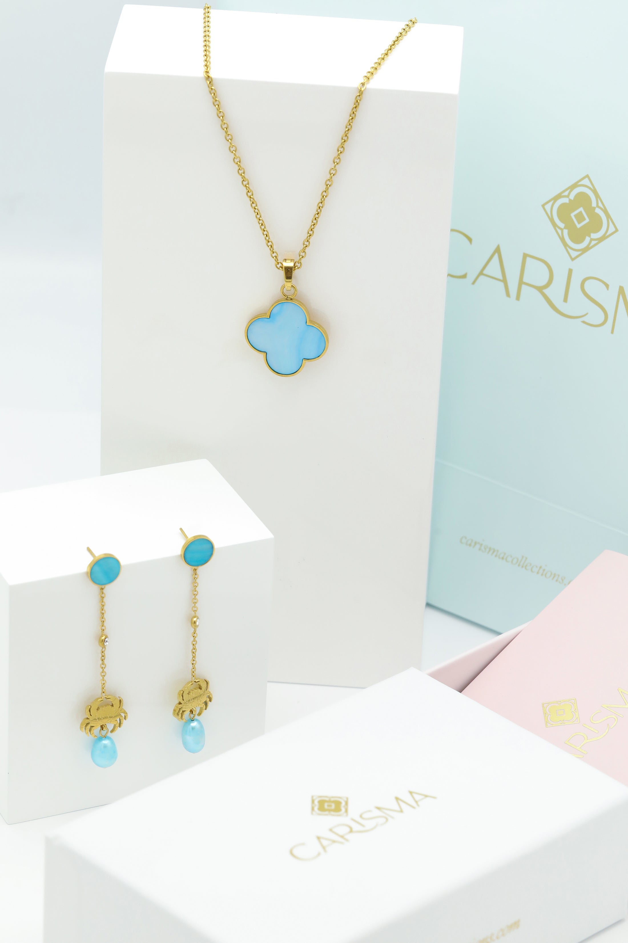 Blue Mother of Pearl Carisma Logo Necklace &amp; Qabru Blue FreshWater Pearl Drop Earrings Gift Set