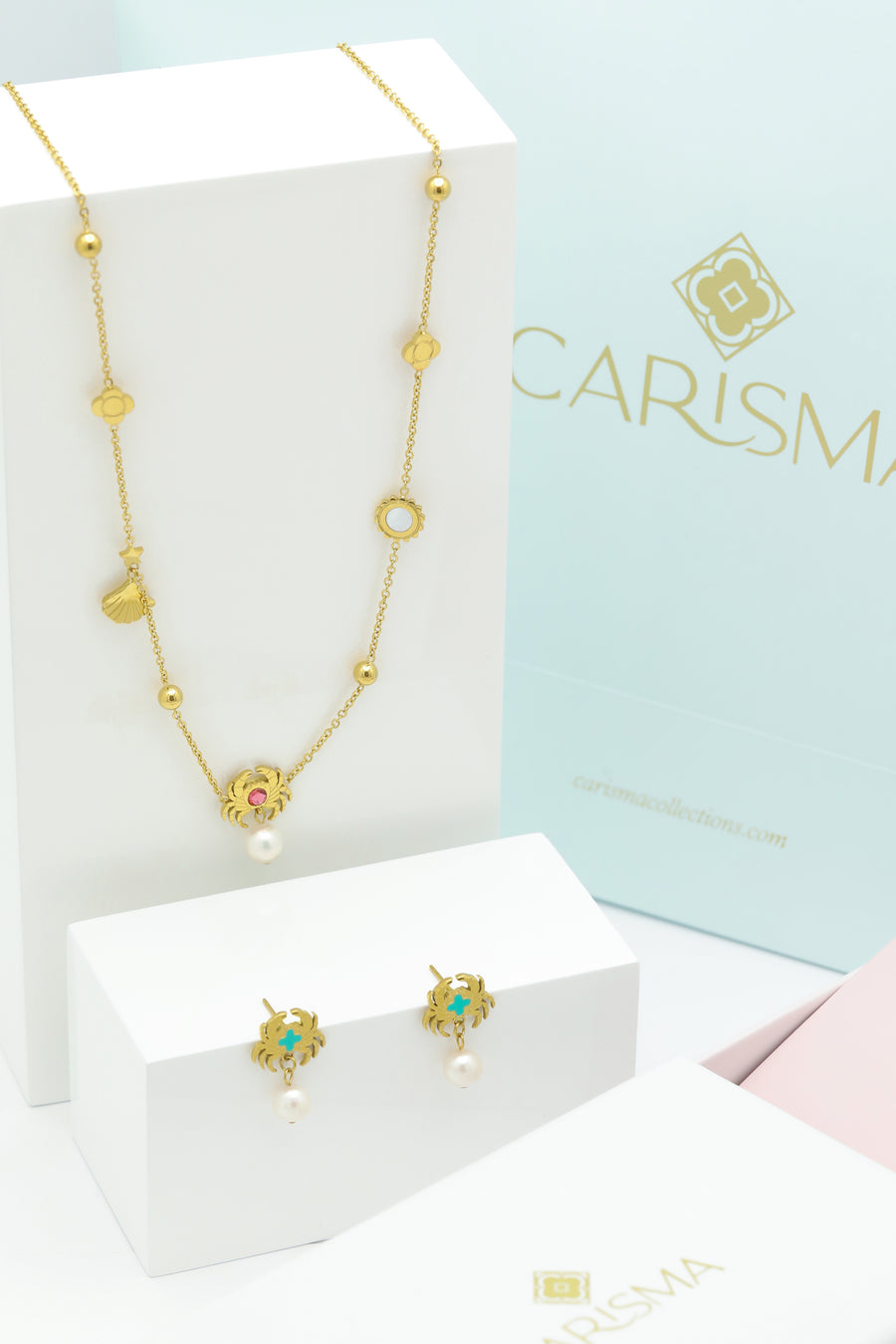 Qabru FreshWater Pearl Drop Stud Earrings & Qabru Multi Charm Necklace Gift Set