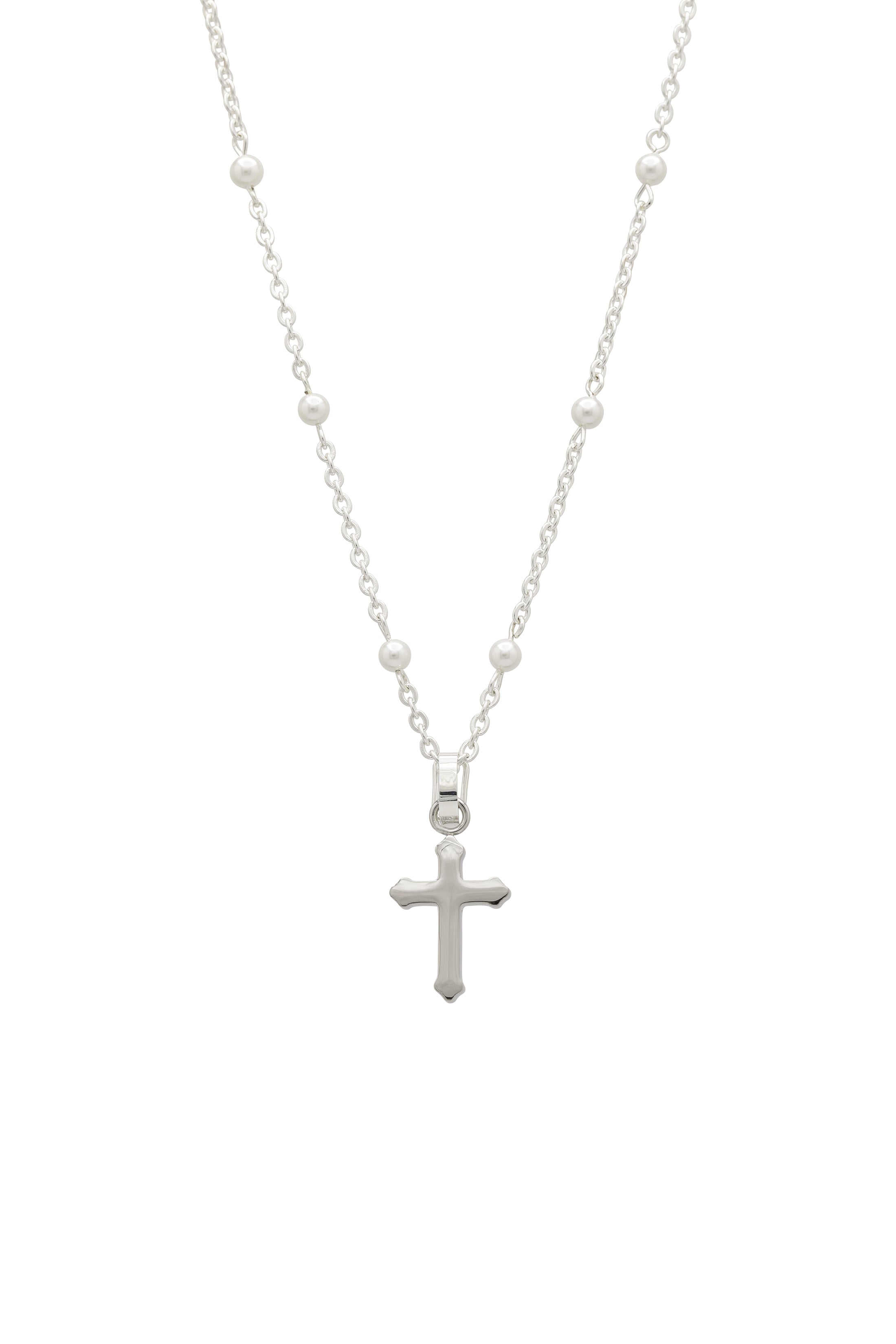 Silver Cross Pendant &amp; Pearl Ball Chain Necklace