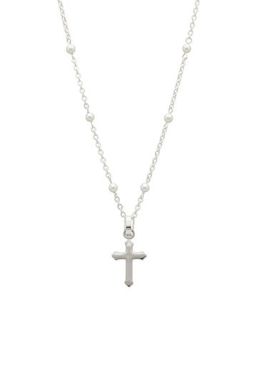 Silver Cross Pendant & Pearl Ball Chain Necklace