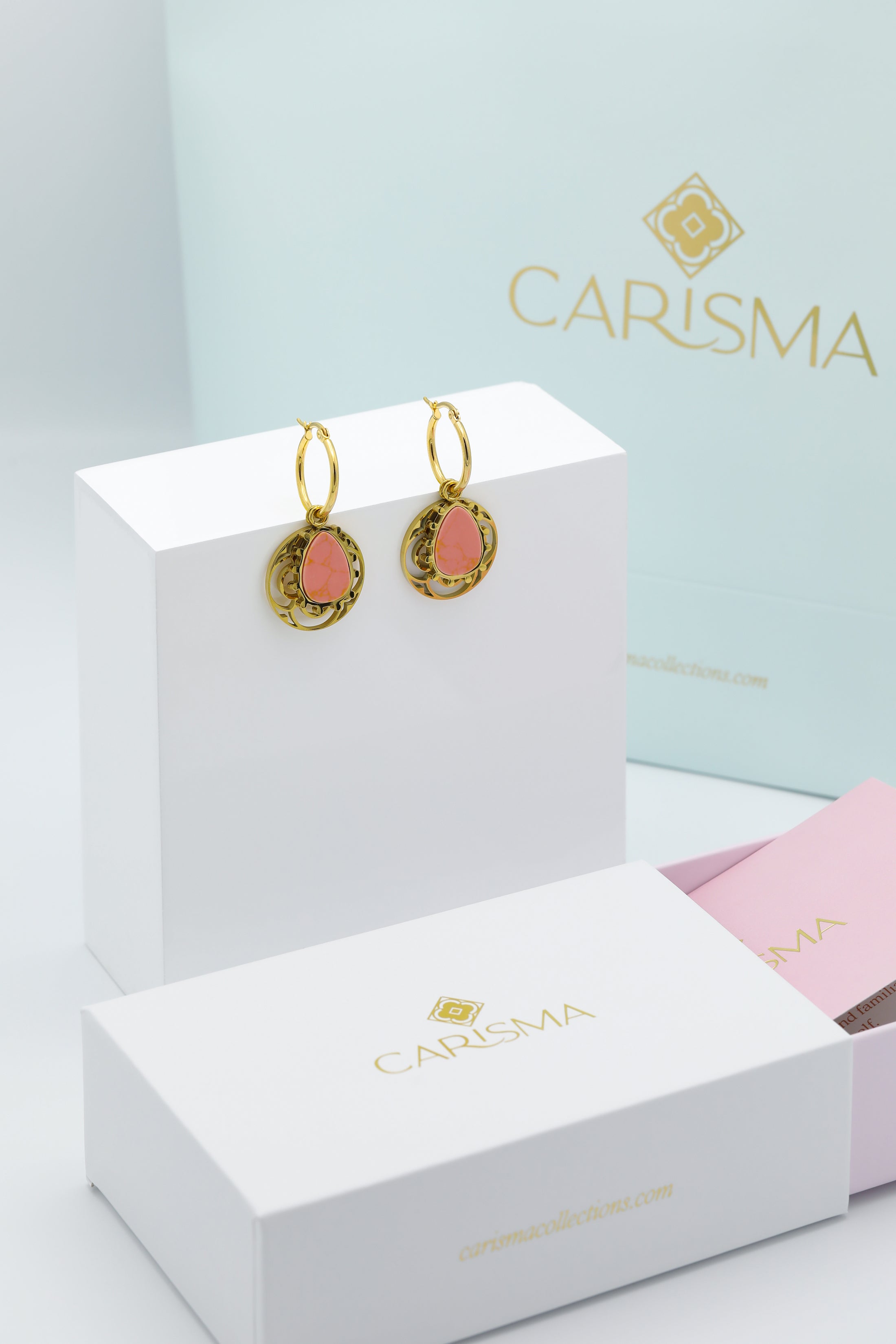 Prickly Pear Orange Stone Pendant &amp; Small Carisma Logo Hollow Pendant Earring Gift Set