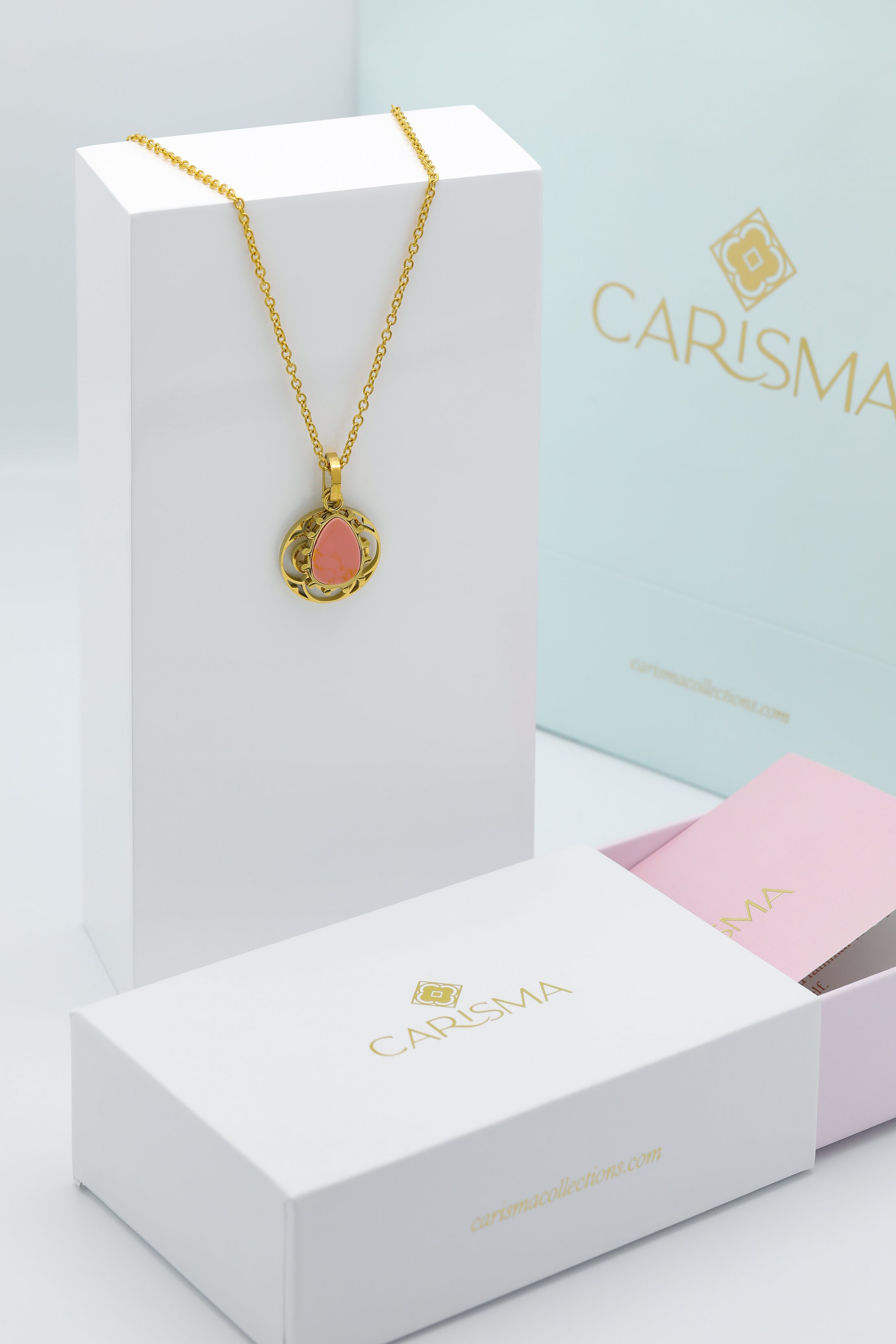 Prickly Pear Orange Stone Pendant &amp; Small Carisma Logo Hollow Pendant Necklace Gift Set