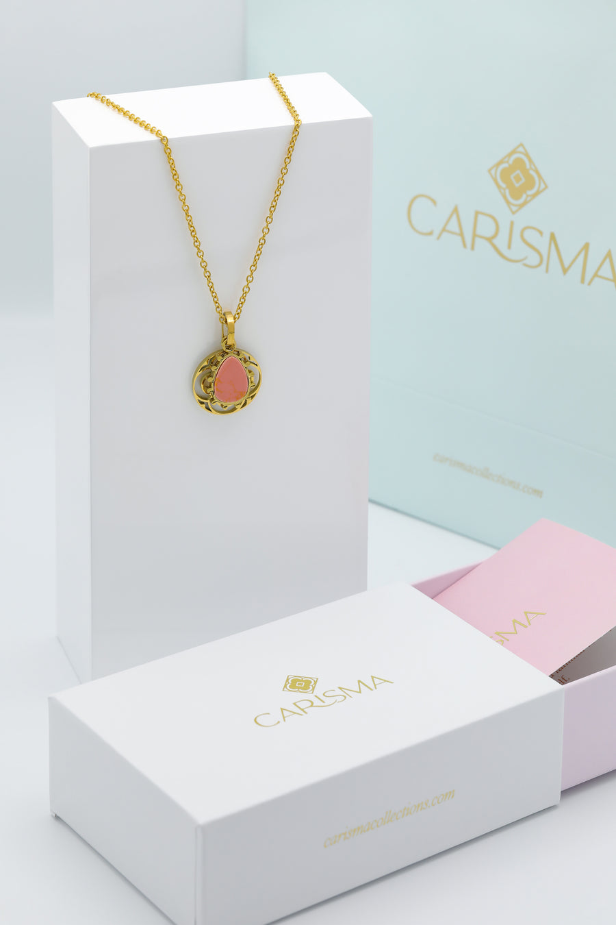 Prickly Pear Orange Stone Pendant & Small Carisma Logo Hollow Pendant Necklace Gift Set