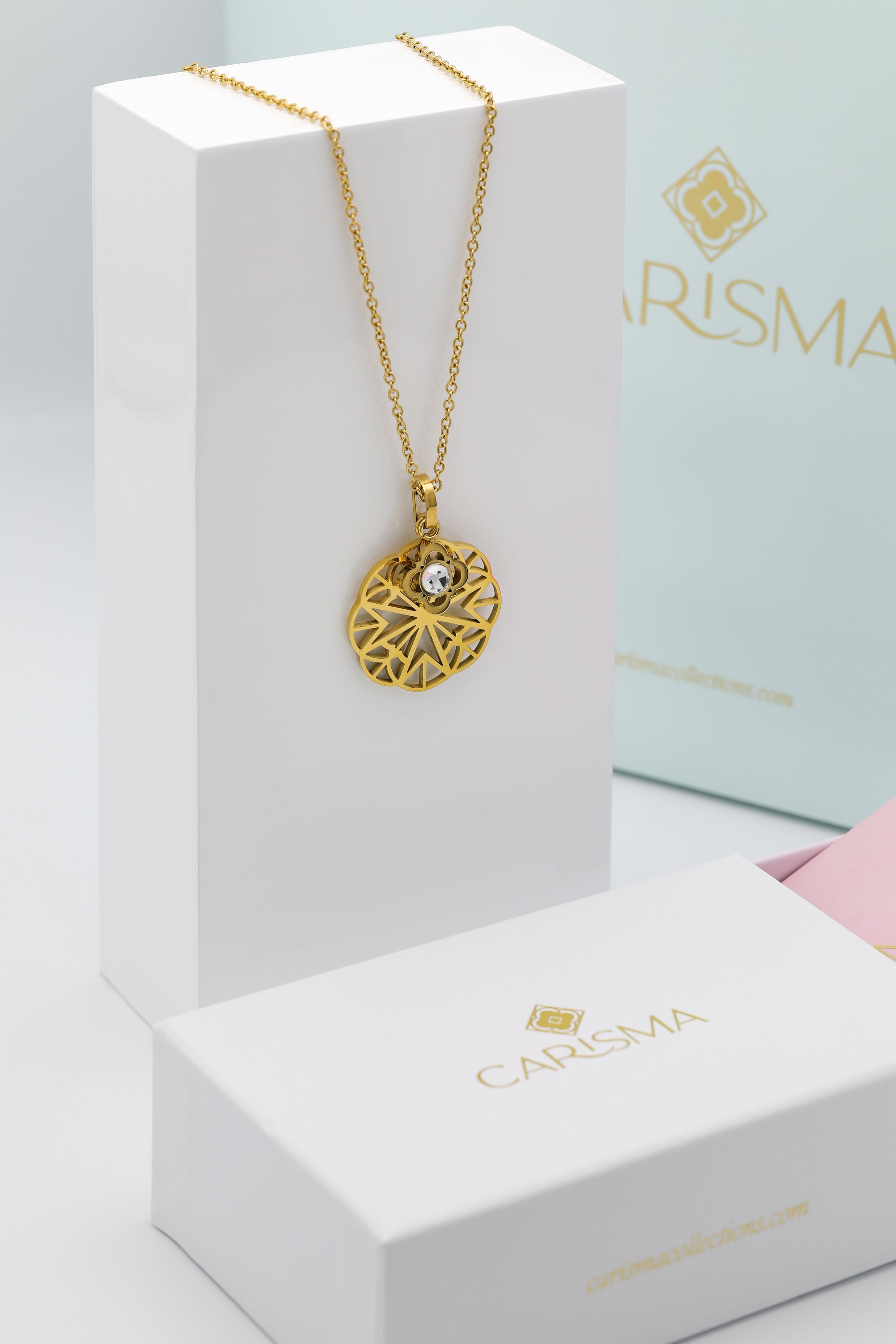 Large Hollow Maltese Lace Cross Pendant &amp; Carisma Logo Birthstone Necklace Gift set