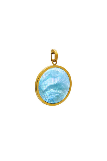 Blue Mother of Pearl Stone Large Circle Pendant - Engravable Back