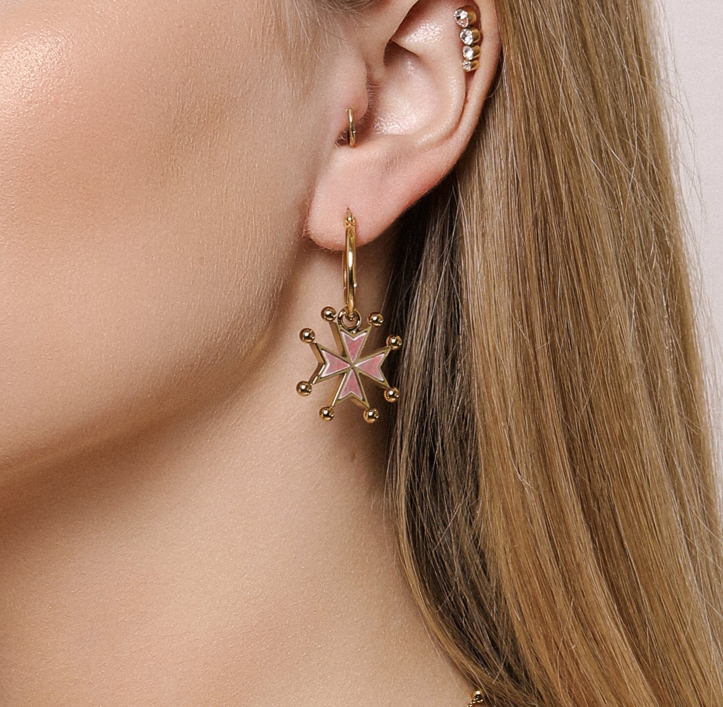 Pink Marble Stone Maltese Cross Pendant Earrings Gift Set