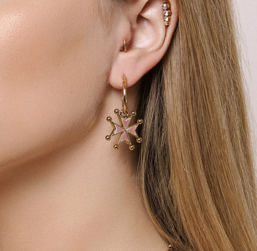 Pink Marble Stone Maltese Cross Pendant Earring Set