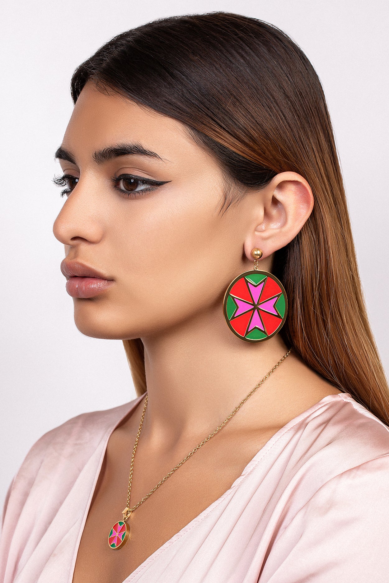 Fuchsia &amp; Green Maltese Cross Earring Set