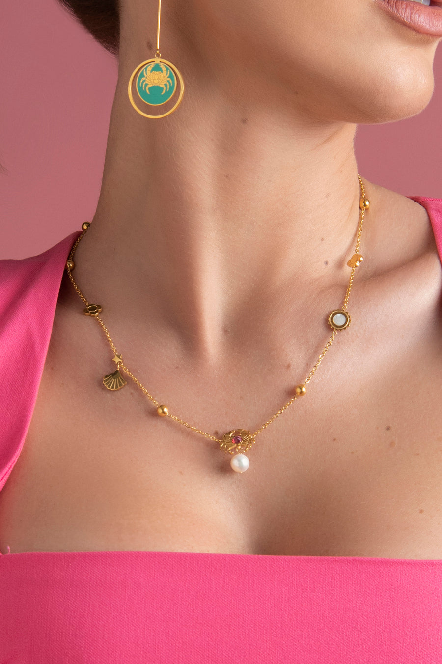 Qabru FreshWater Pearl Drop Stud Earrings & Qabru Multi Charm Necklace Gift Set