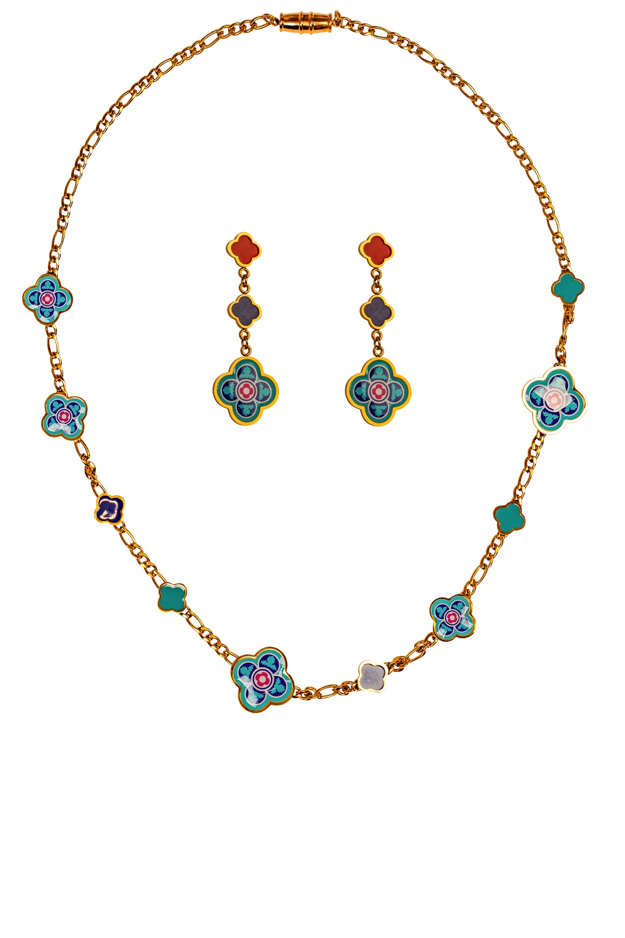 Lellux Maltese Tile Blue &amp; Fuchsia Chain Necklace &amp; Stud Earring Set