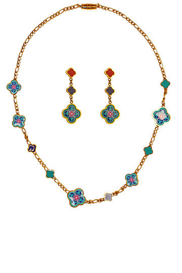 Lellux Maltese Tile Blue & Fuchsia Chain Necklace & Stud Earring Set