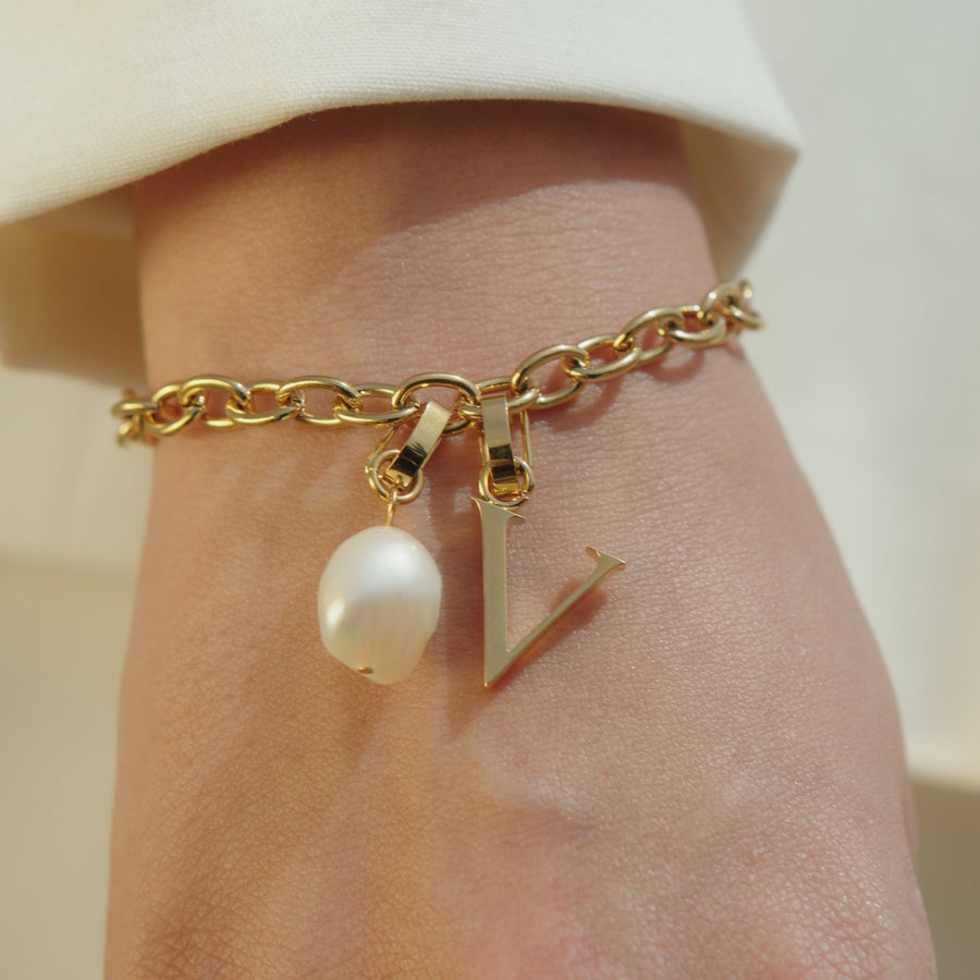 Freshwater Pearl & Letter Pendants Charm Bracelet Gift Set