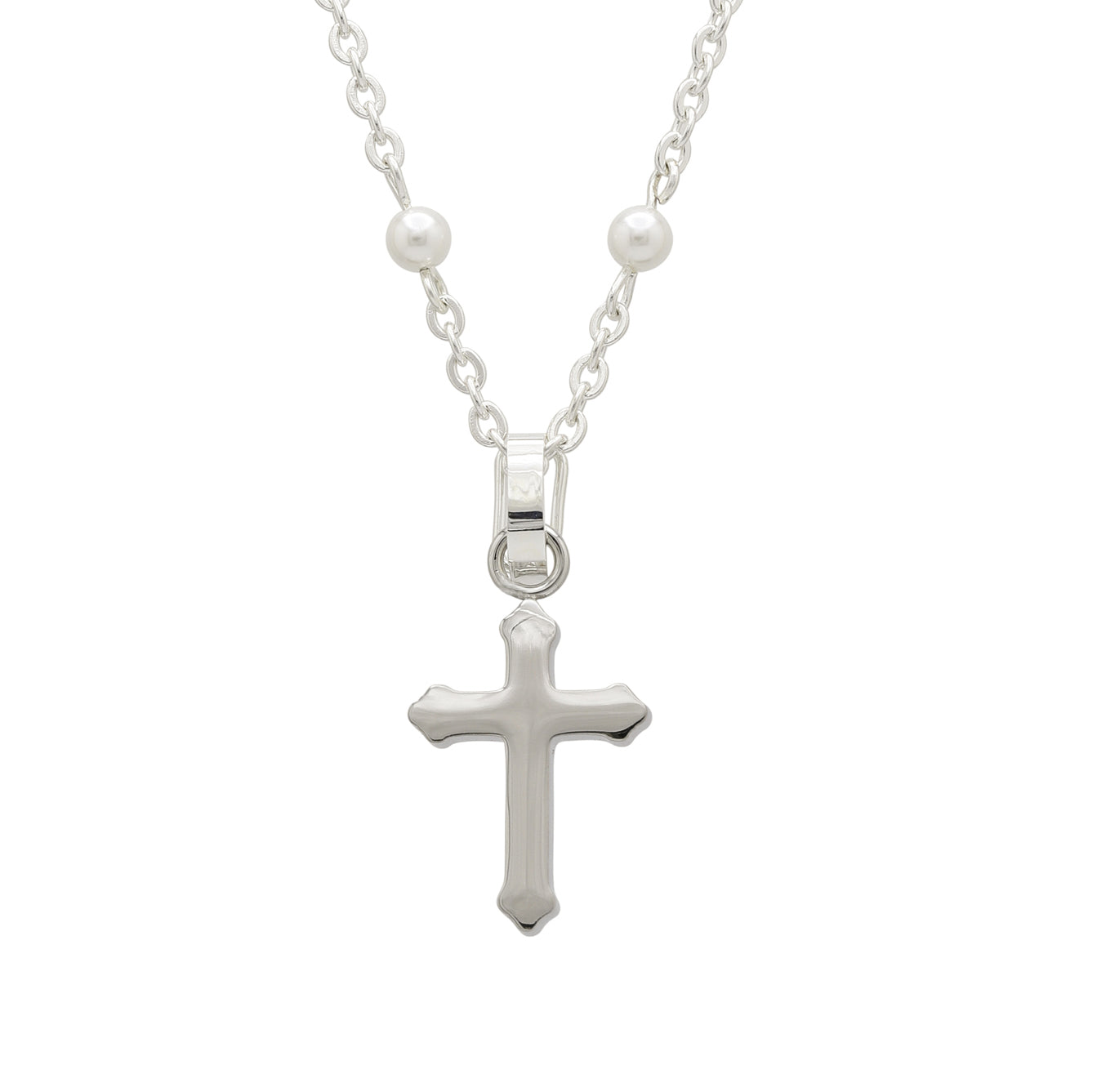 Silver Cross Pendant &amp; Pearl Ball Chain Necklace