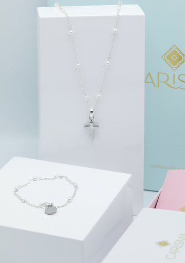 Silver Cross Pendant & Pearl Ball Chain Necklace & Bracelet Gift Set