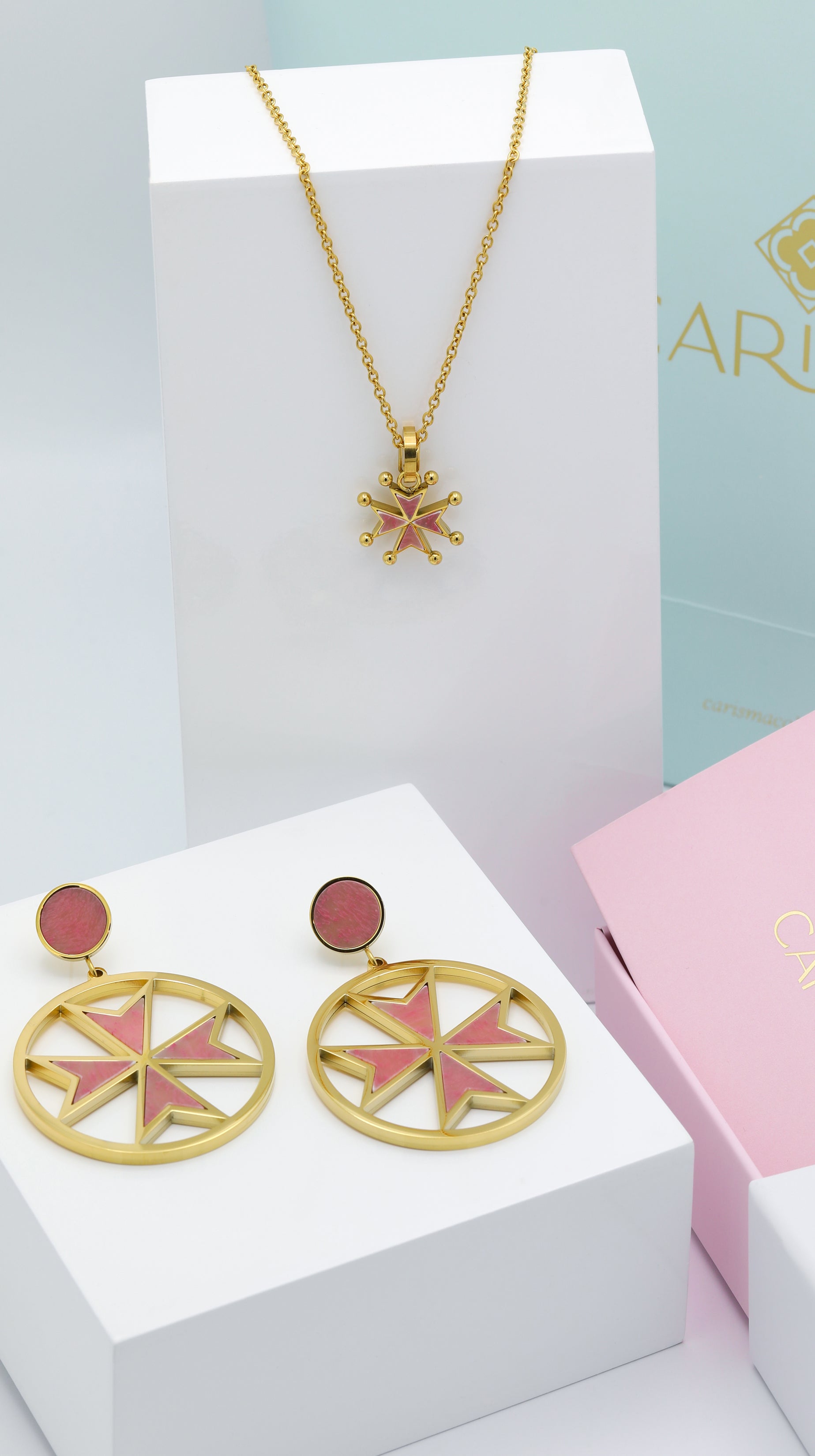 The Pink Marble Maltese Cross Pendant &amp; Earrings Gift Set